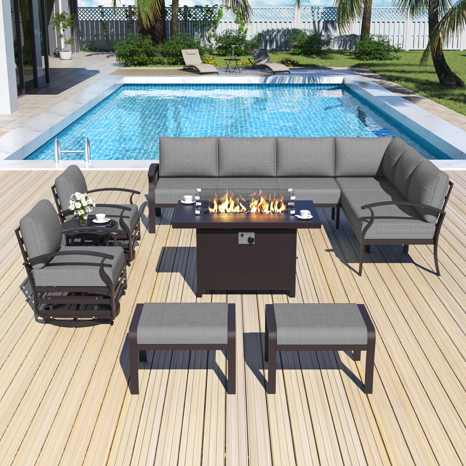 10-Piece Aluminum Patio Furniture Set with Propane Fire Pit Table & Swivel Chairs - Grey Outdoor Sectional Sofa with 5.1