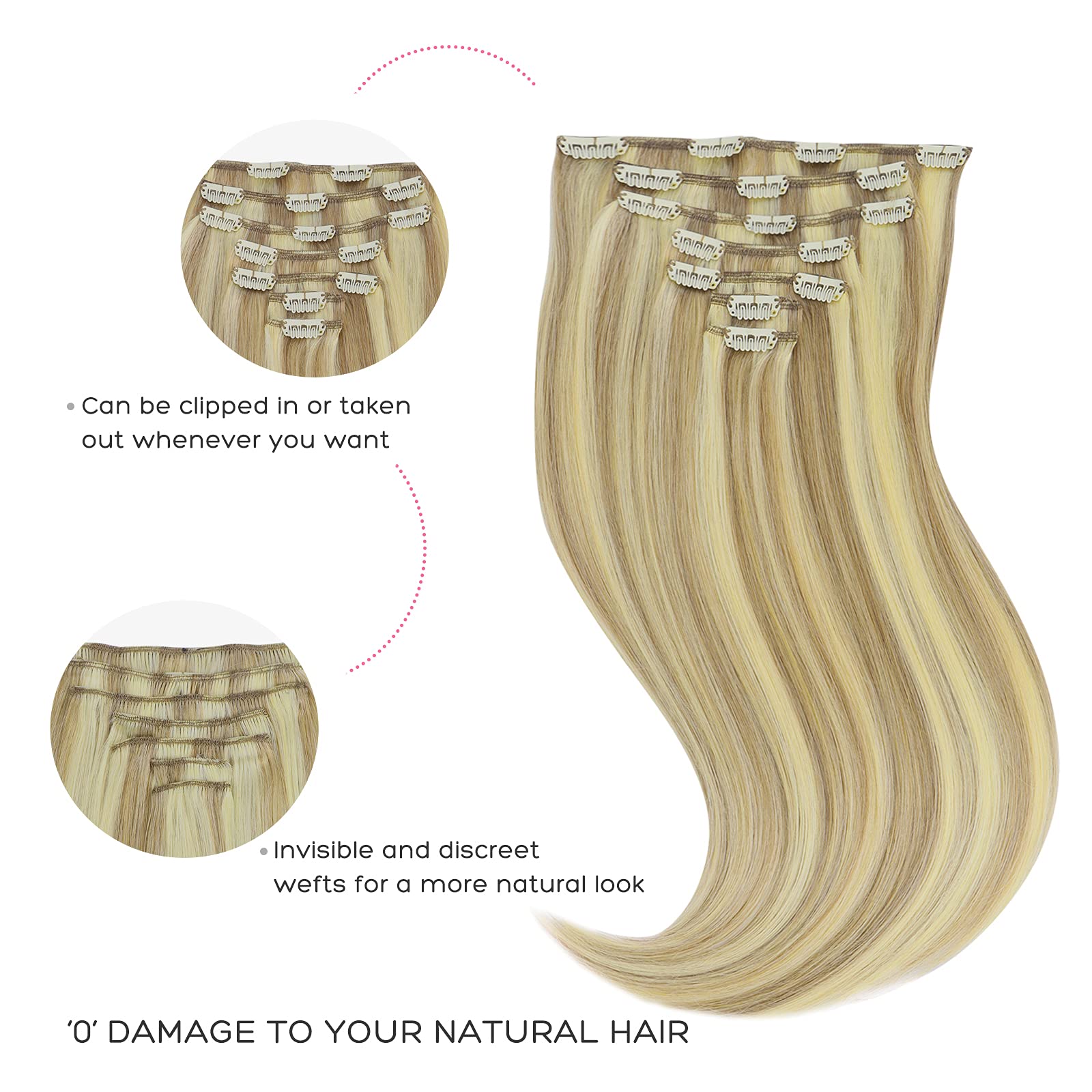 Marat Clip in Human Hair Extensions 24 Inch 120g - Light Blonde Highlighted Golden Blonde Straight Hair Extensions for Women | Perfect for Parties, Weddings & Daily Styling