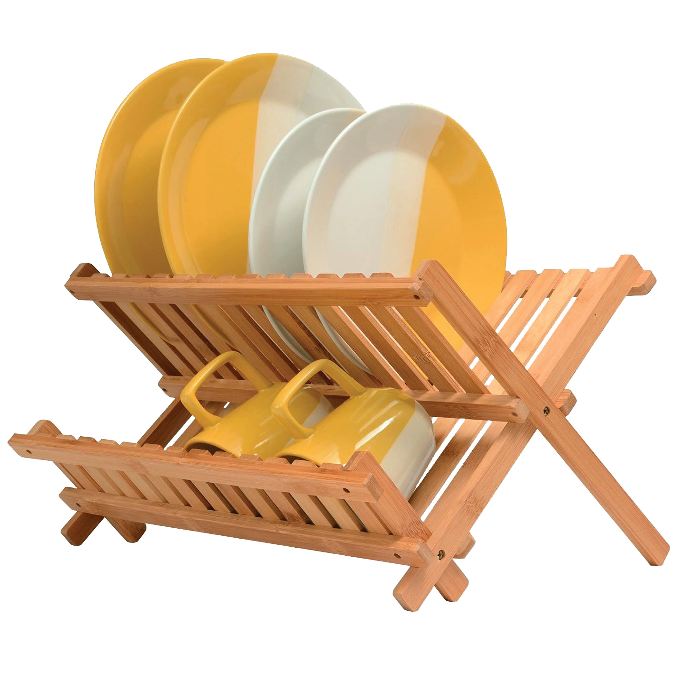 2-Tier Bamboo Collapsible Dish Drying Rack - Foldable Space Saving Kitchen Countertop Plate Drainer for Dishes & Utensils - Perfect for Small Kitchens, Apartments & RVs