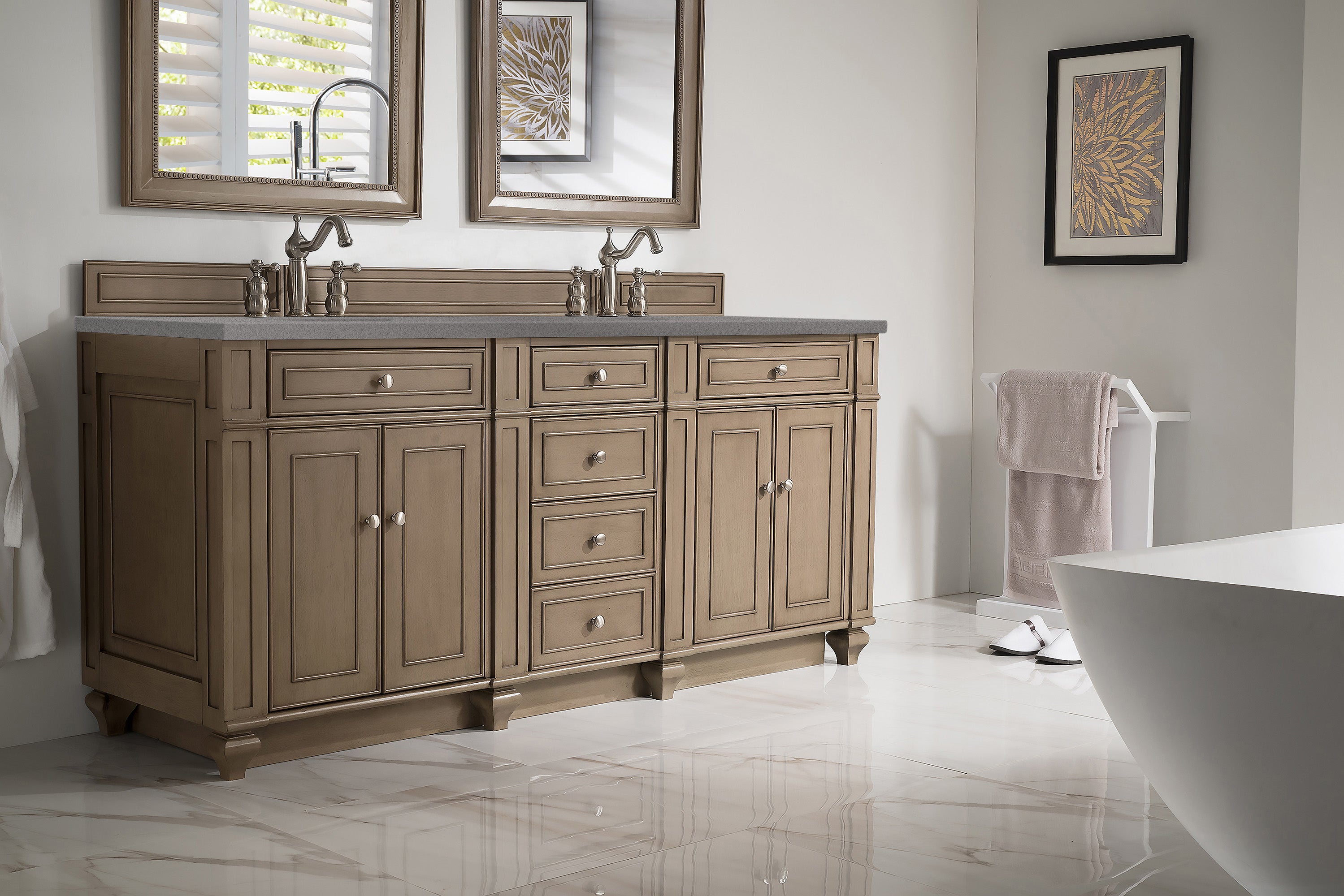 Bristol 72 Inch Double Vanity with Whitewashed Walnut Finish and 3CM Grey Expo Quartz Top - Perfect for Modern Bathroom Renovation and Master Suite Upgrade
