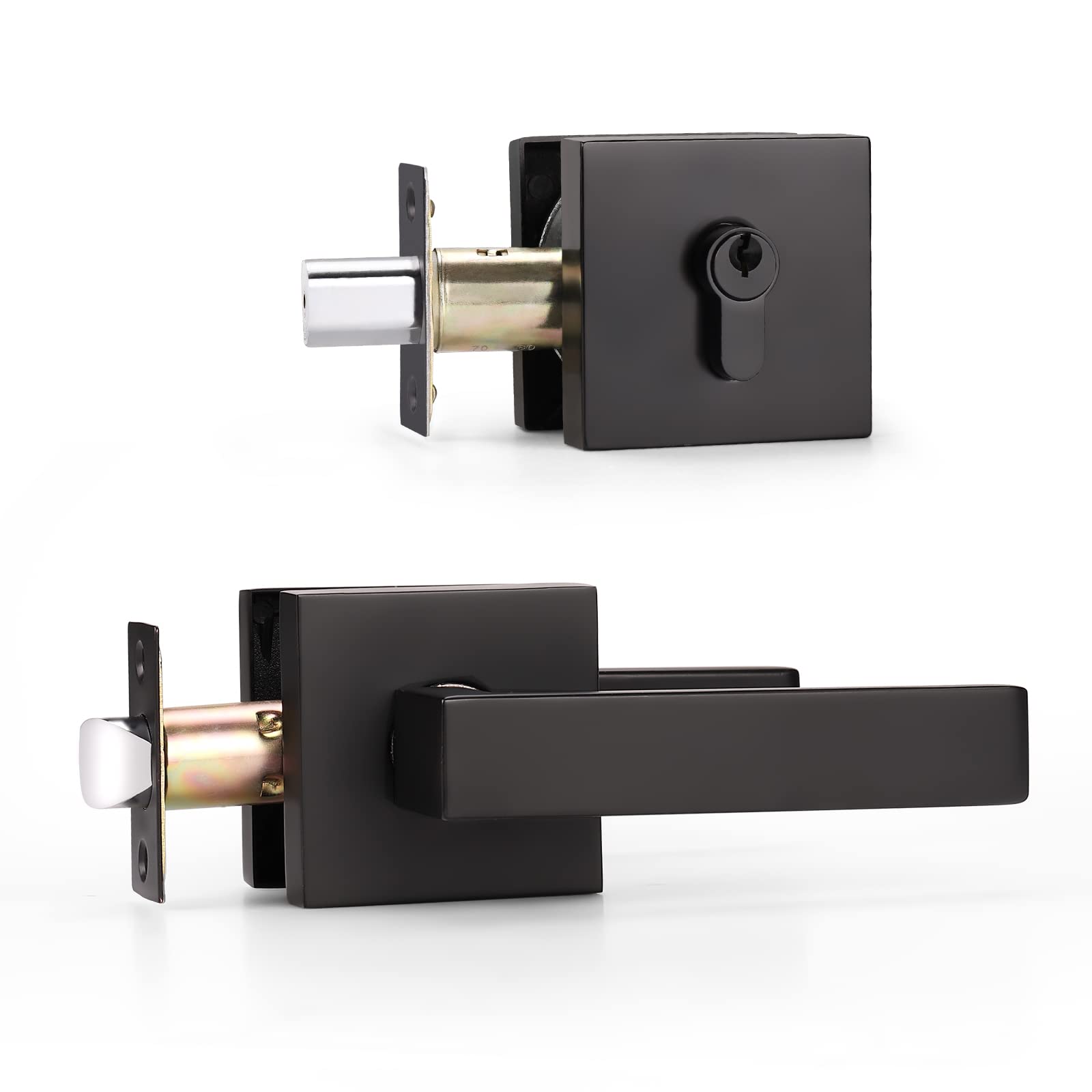 KNOBWELL 6-Pack Heavy Duty Square Entry Door Handle Set with Single Keyed Deadbolt - Matte Black Front Door Lever & Lock Set for Home Security (Ideal for Entrance, Front Door & Commercial Use)