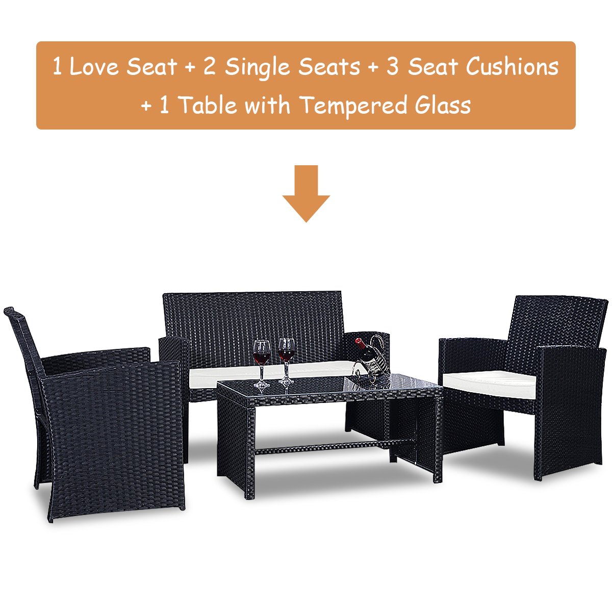 HAPPYGRILL 4-Piece Outdoor Patio Furniture Set - Rattan Wicker Conversation Sofa Set with Cushions, Coffee Table & Chairs for Garden, Lawn, Poolside, Backyard or Balcony | Weather-Resistant & Comfortable Lounge Seating