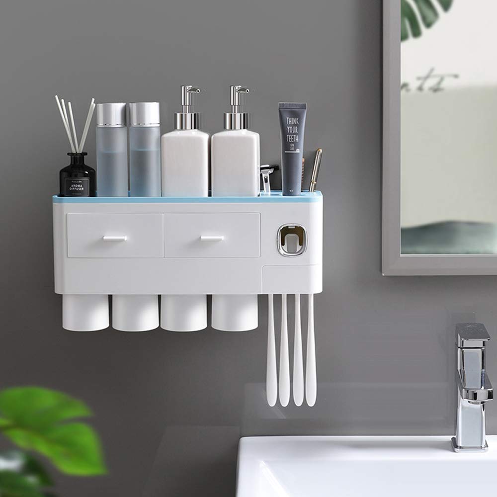 ECOCO Wall-Mounted Toothbrush Holder with Automatic Toothpaste Dispenser - Space Saving Bathroom Organizer with Dustproof Cover, Cups & Drawers - Perfect for Small Bathrooms, Vanities and Travel Cosmetic Storage