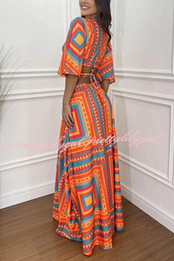Wilma Unique Print Cutout Elastic Waist Tie Up Kimono Sleeve Maxi Dress - Women's Flowy Summer Beach Cover Up Dress for Vacation, Party & Boho Fashion