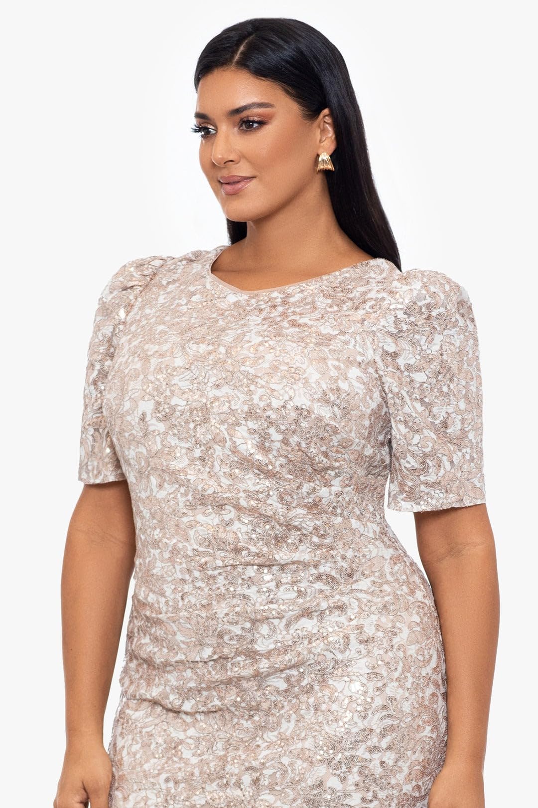 Xscape Women's Plus Size Long Floral Lace Sequin Side Ruched Dress - Elegant Evening Gown for Prom, Wedding Guest & Special Occasions