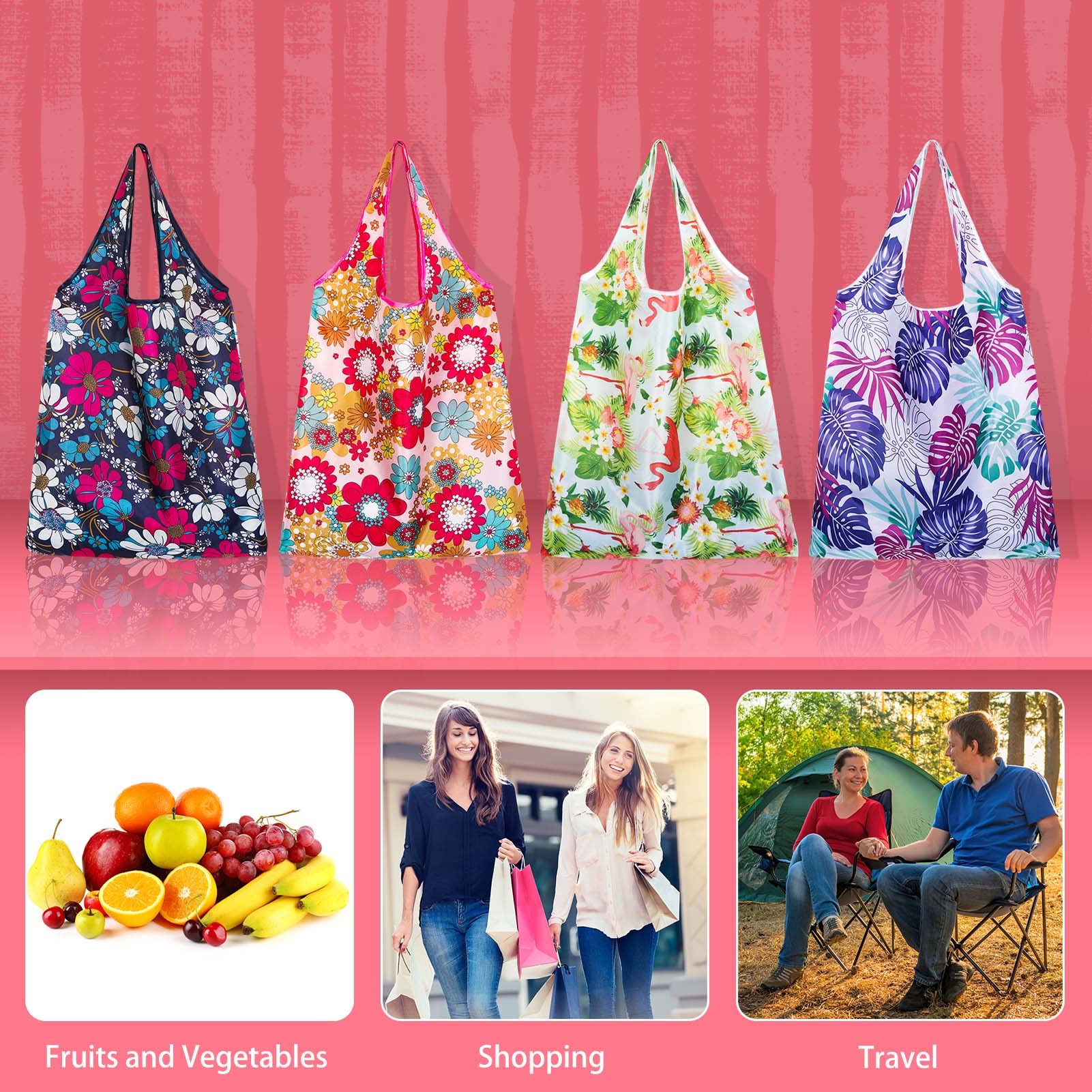 Foldable Reusable Shopping Bags 4pcs - Eco Tote for Groceries & Travel