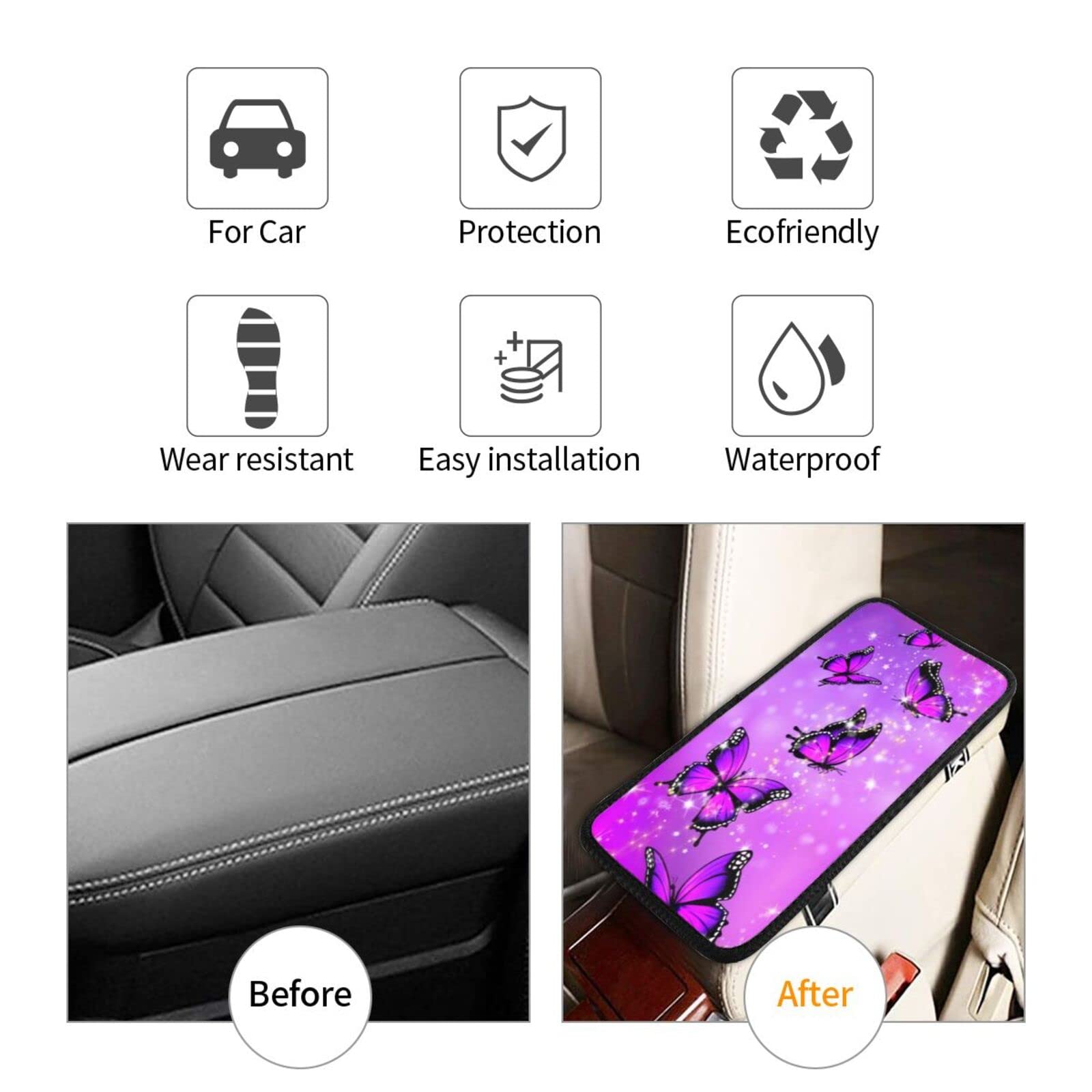 **Dream Purple Butterfly Car Armrest Cover – Universal Soft Waterproof Console Pad for Women & Girls – Fashionable & Cute Auto Accessory – Perfect for Sedans, SUVs & Long Drives**