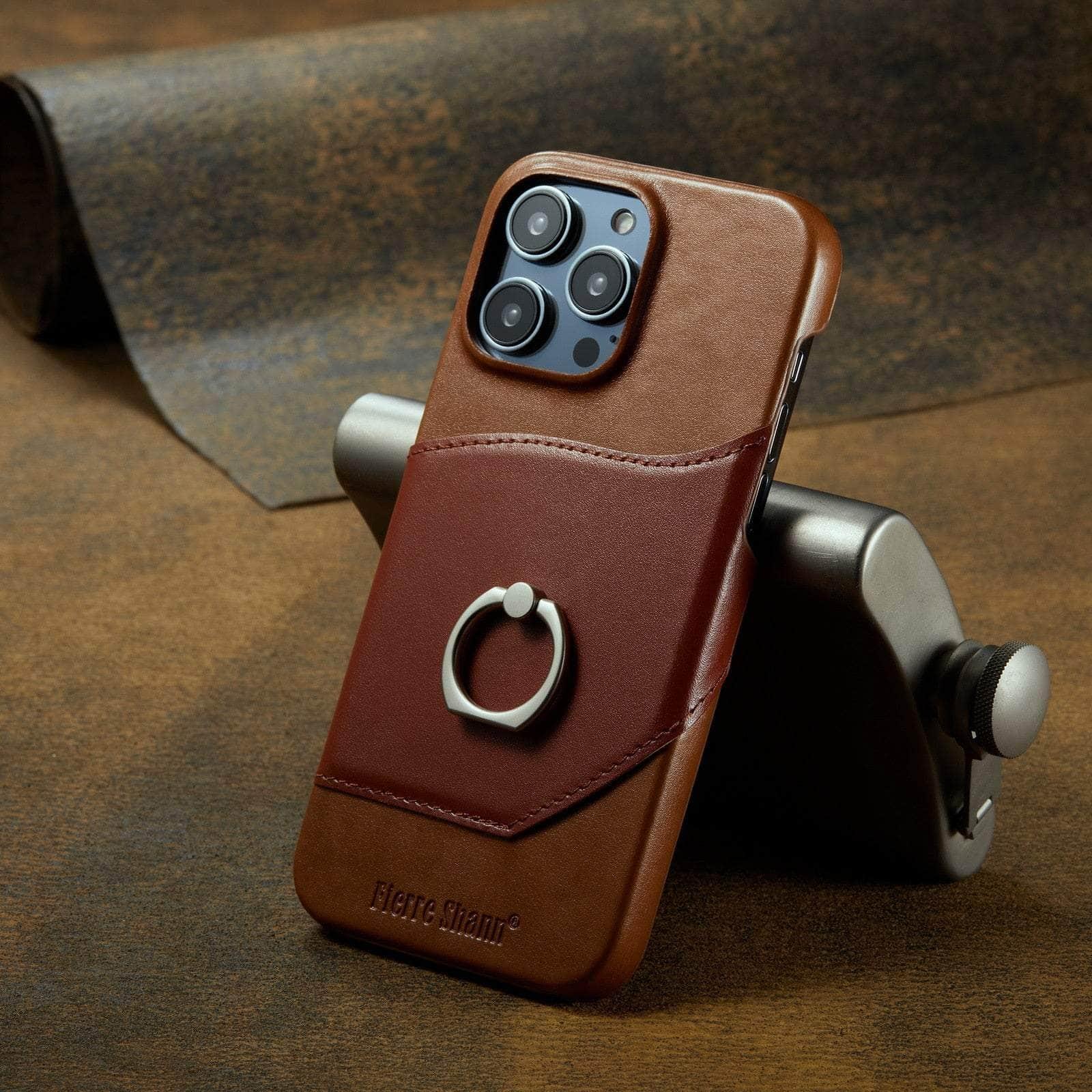 360° Rotating iPhone 15 Pro Max Case with Ring Kickstand - Genuine Leather Protective Cover for Hands-Free Viewing, Video Calls & Photography