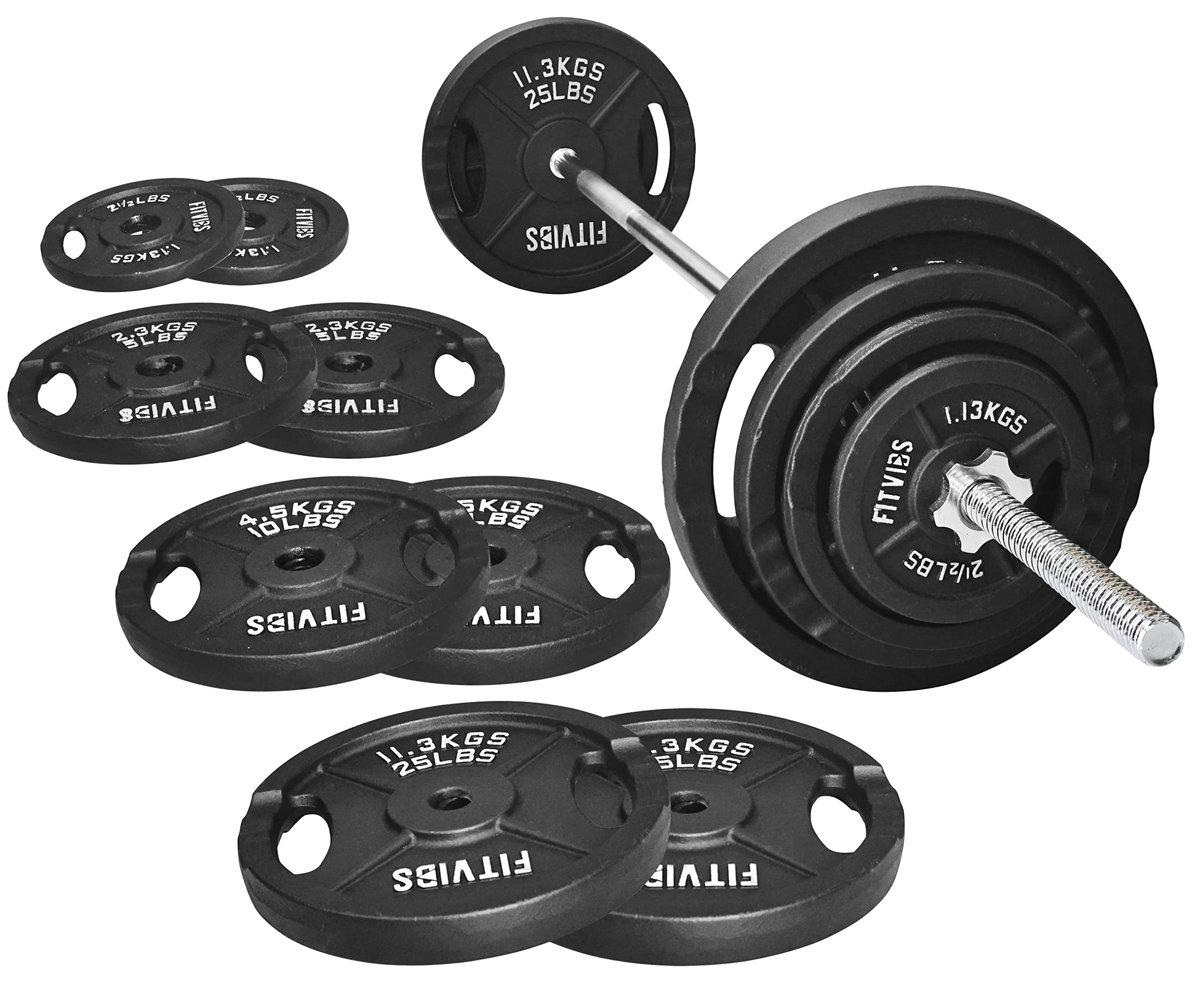 95-Pound Cast Iron Standard Weight Plate Set with 5FT Barbell & Star Locks - 85lbs Plates + 10lbs Bar for Home Gym, Strength Training & Weightlifting Workouts