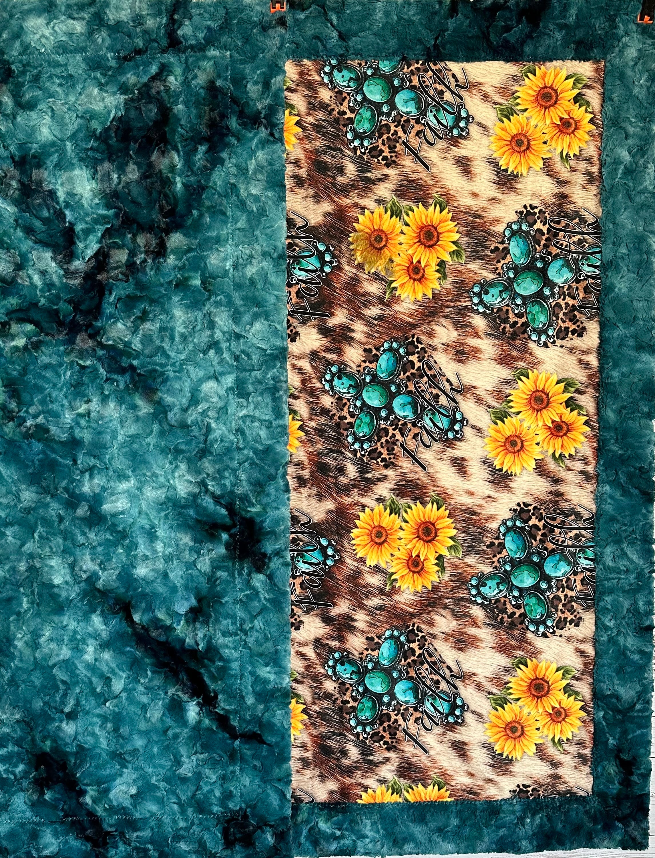 Turquoise Cross and Sunflowers on Mallard Luxe 55x80 Large Minky Blanket - Soft Cozy Throw for Bed, Sofa & Gift - Home Decor, Nursery, Dorm Room