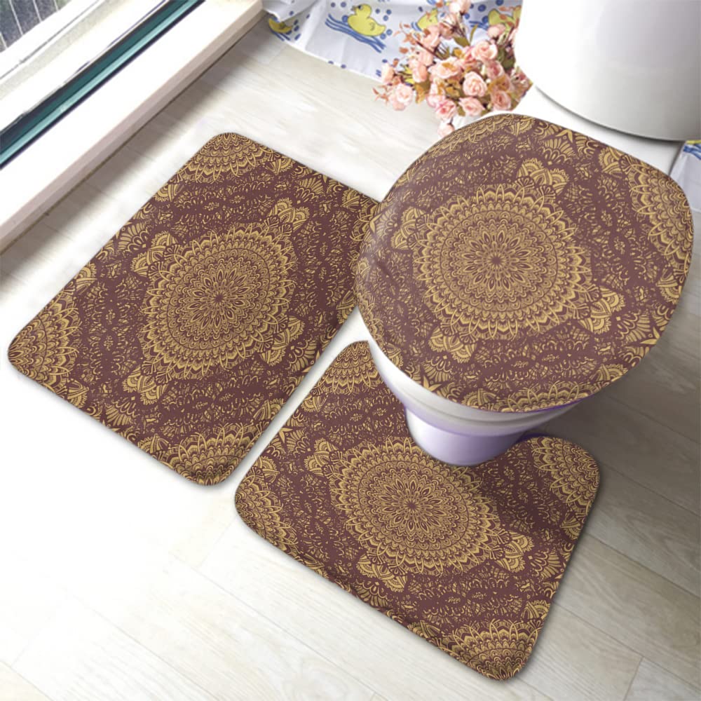 Zaueky 3-Piece Bohemian Bathroom Rug Set - Non-Slip Rubber Backing, U-Shaped Contour Rug & Toilet Cover - Ethnic Floral Design for Modern Bathrooms, Guest Baths & Master Suites