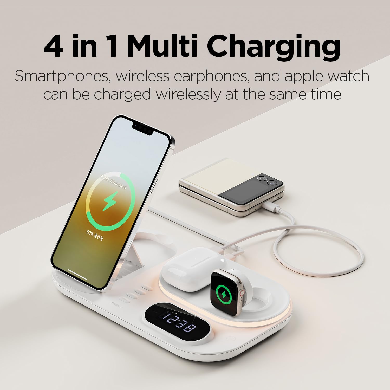 MOOAS 4-in-1 Fast Wireless Charging Station with LED Digital Clock & Night Light - Qi-Certified Charger for iPhone 15/14, Galaxy S24/S23, AirPods, Galaxy Buds & Apple Watch - Perfect for Bedroom, Office & Travel Charging Needs
