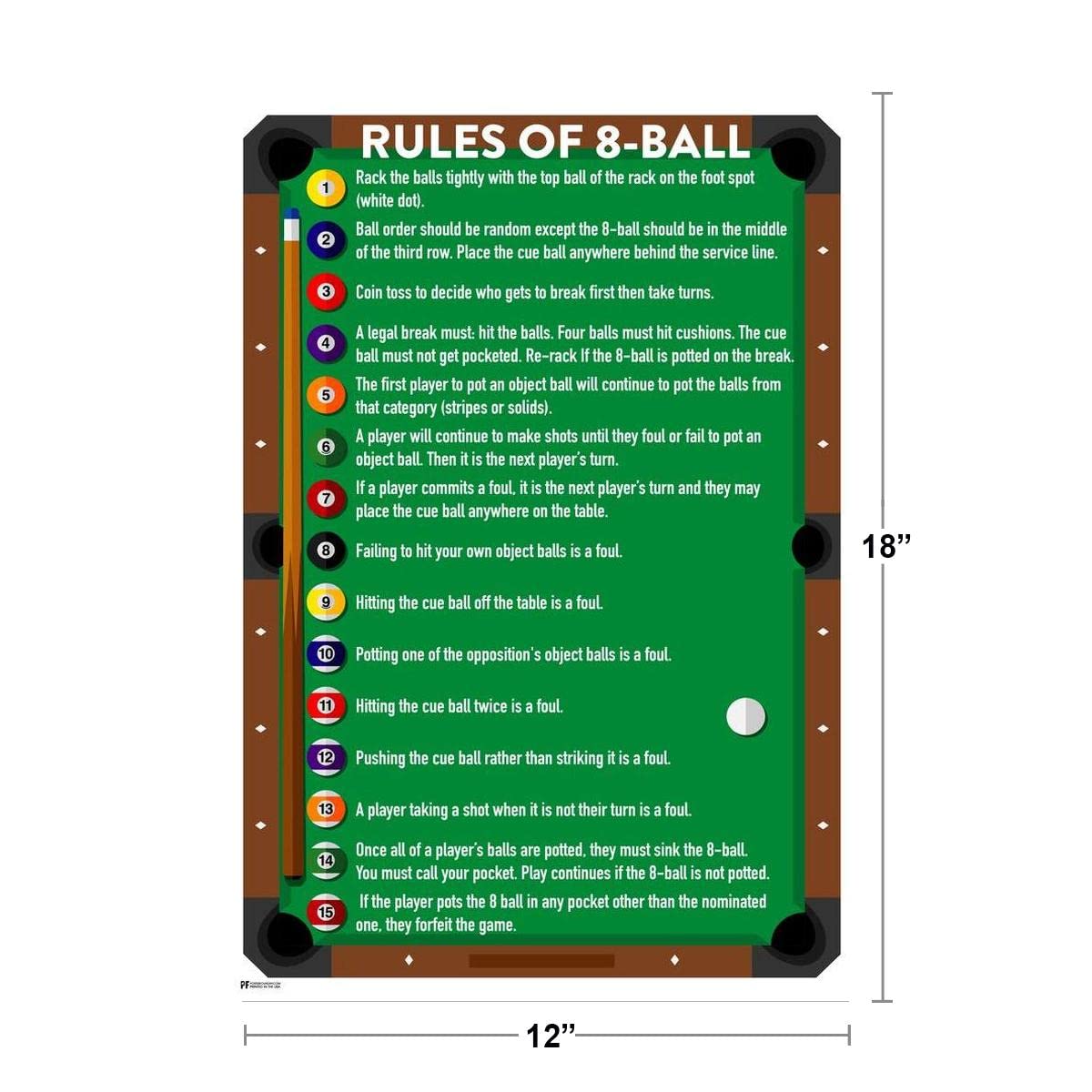 8 Ball Pool Rules Poster - Billiards Game Room Decor, Pool Table Accessories Chart - Cool Wall Art Print 12x18 for Man Cave, Bar, or Home Entertainment Space
