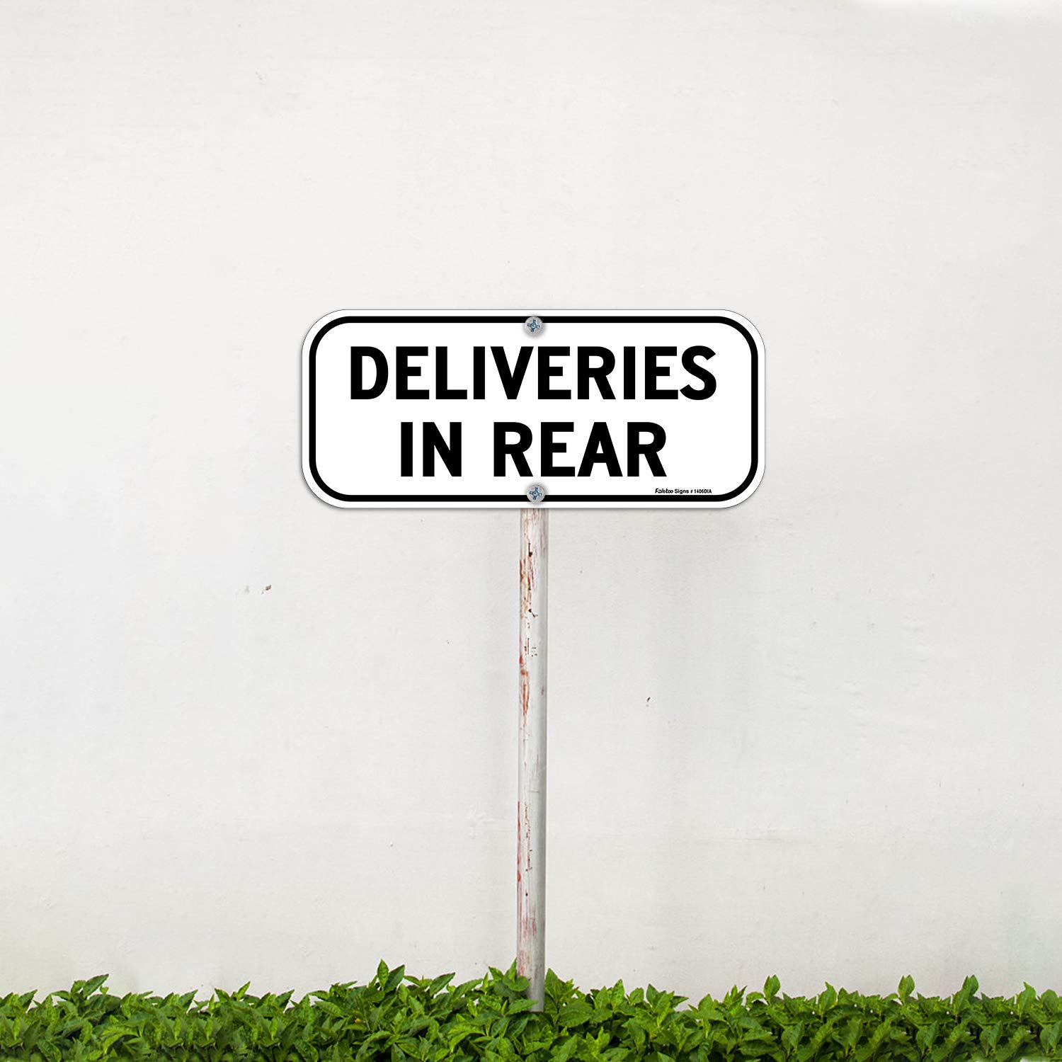 14x6 Inches Deliveries in Rear Aluminum Sign - Rust-Free, Weatherproof & Fade-Resistant Metal Sign for Indoor/Outdoor Use - Easy to Mount Black on White Sign - Perfect for Warehouses, Driveways & Delivery Areas