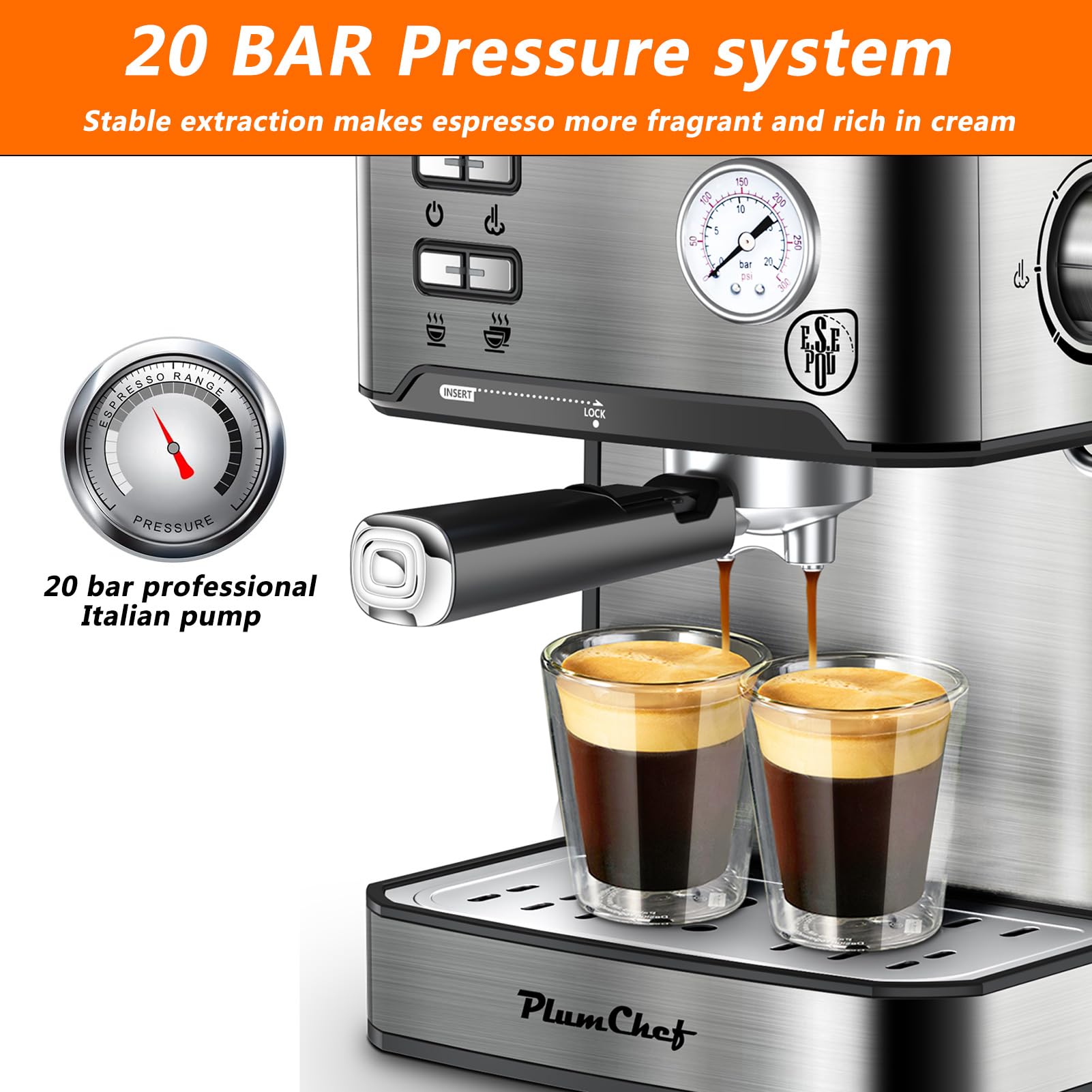 PlumChef 20 Bar Professional Espresso Machine with Milk Frother - Compact Home Coffee Maker, 54oz Water Tank, Pressure Gauge & Steam Wand - Quiet & Fast for Cappuccino, Latte - Perfect for Home Baristas & Coffee Lovers