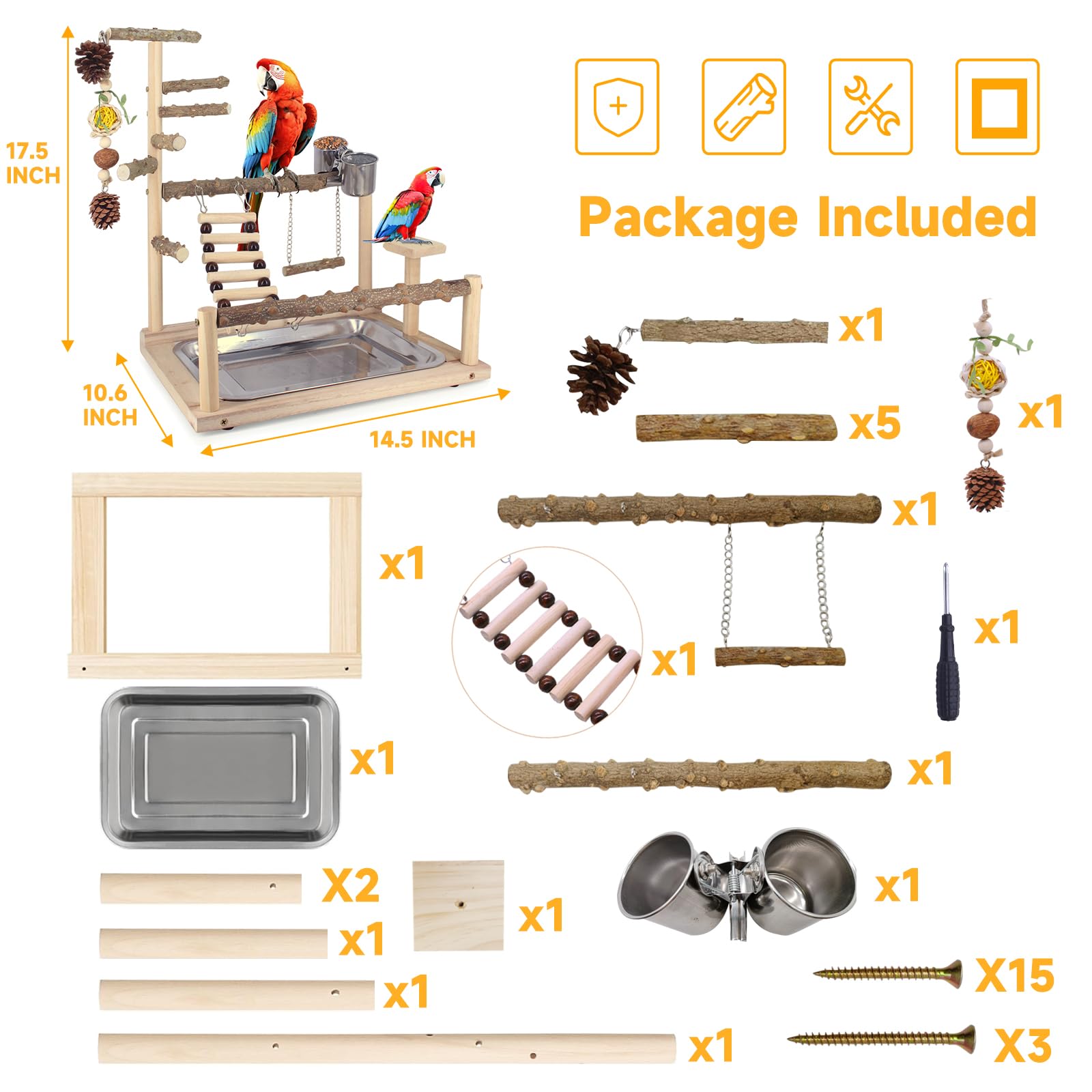 Natural Parrot Playground with Chew Toys, Perch Stand & Swing - Bird Cage Play Stand for Conure, Cockatiel, Parakeet | Includes Feeder Cups - Perfect for Bird Exercise & Entertainment at Home