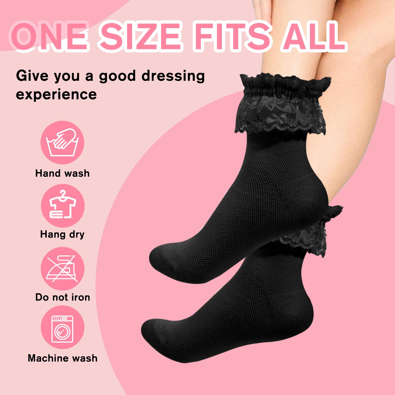 2 Pairs Women's Lace Ruffle Ankle Socks - Soft Comfortable Frilly Crew Socks for Everyday Wear, Office, and Special Occasions