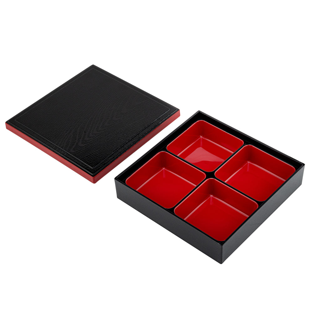 Premium Japanese Bento Box - Square Black & Red Lunch Container with 4 Compartments (10x10x2.25 Inches) - Ideal for Office, School, Picnics & Meal Prep - 1 Count