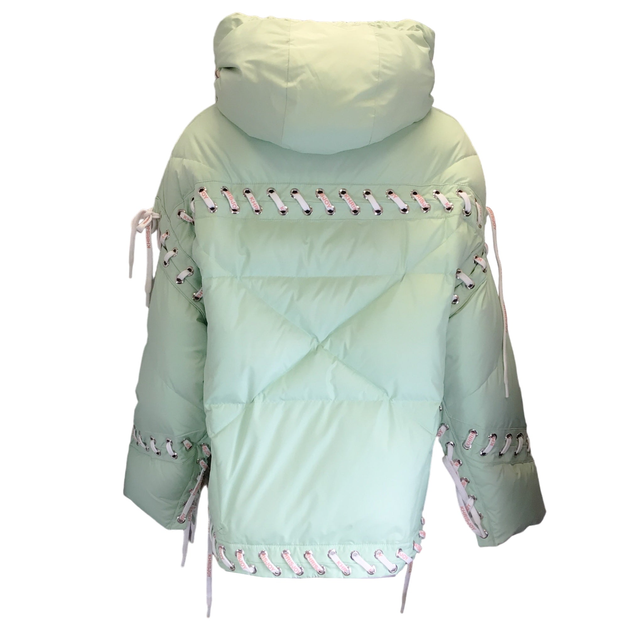 Khrisjoy Women's Pale Mint Hooded Puffer Jacket with Lace Detail - Lightweight Winter Coat for Outdoor Activities & Casual Wear