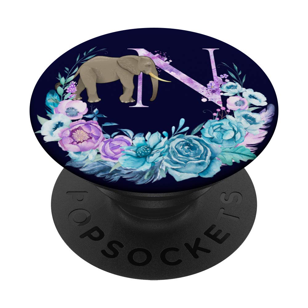 Optimistic Elephant Boho Lilac Flowers Monogram Letter N PopSockets Phone Grip & Stand for iPhone, Samsung, Tablets - Perfect for Work, Travel & Daily Use