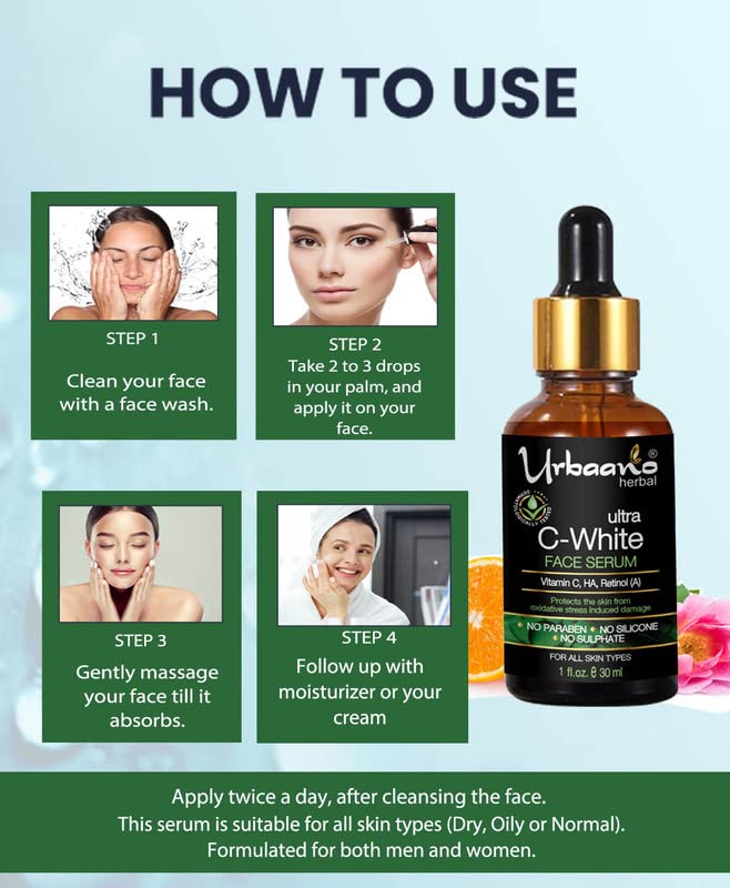 Urbaano Herbal Ultra White Vitamin C Serum - Brightening, Pigmentation & Dark Spot Corrector, Hydrating Facial Serum 30ml for Glowing Skin - Perfect for Daily Skincare & Anti-Aging Routine