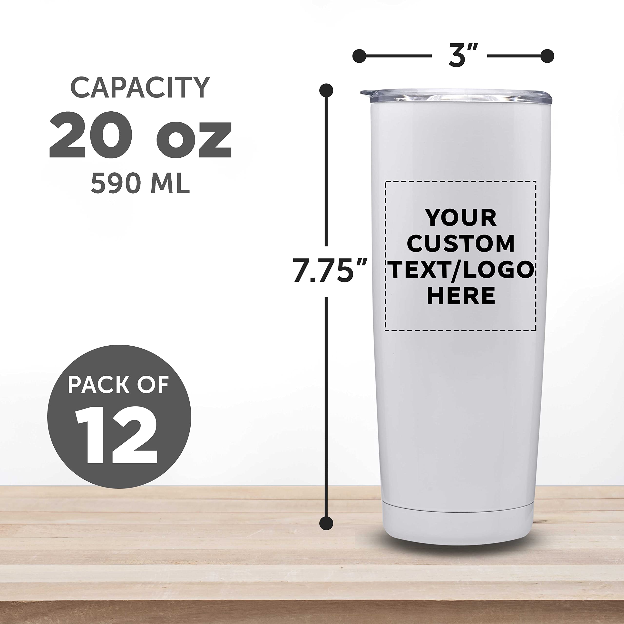 12-Pack Custom Stainless Steel Coffee Tumblers 20oz - Double Wall Insulated Personalized Bulk Coffee Cups for Hot & Cold Drinks - Perfect for Office, Cafes, Gifts & Daily Use - White