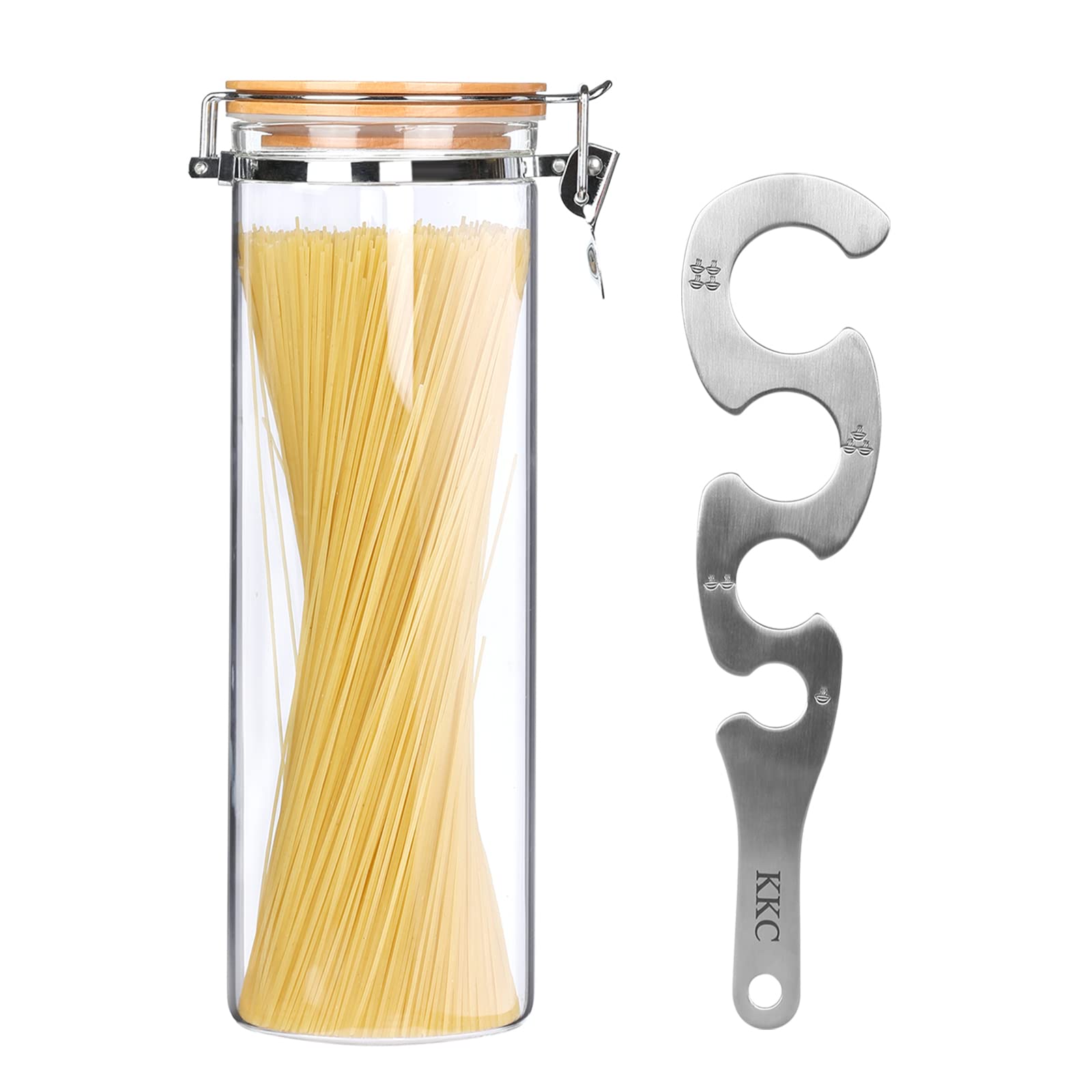 KKC HOME ACCENTS 68oz Glass Pasta Storage Container with Measuring Tool & Bamboo Lid - Airtight Spaghetti & Noodle Organizer for Kitchen Pantry - Perfect for Meal Prep, Bulk Food Storage, and Countertop Display