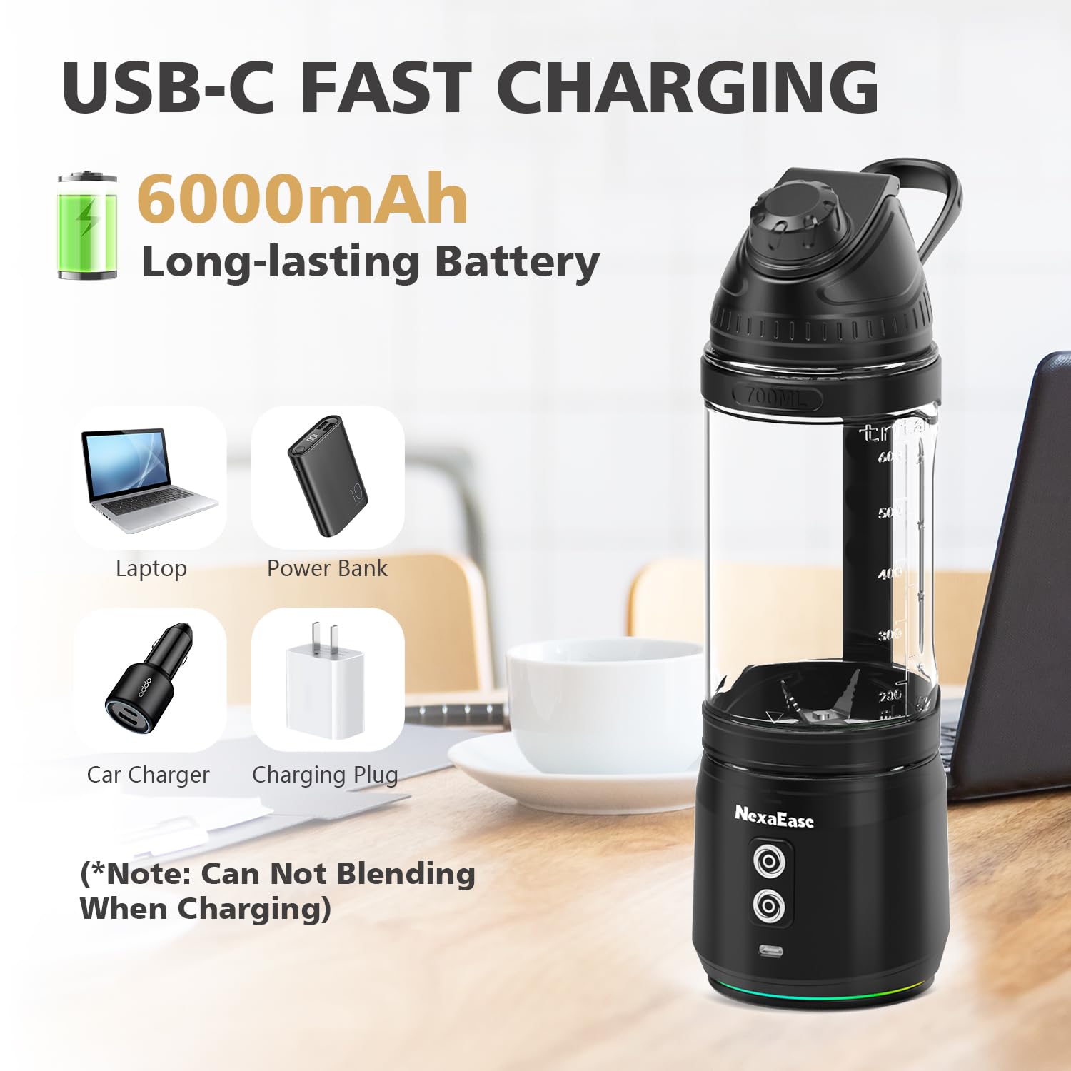 Portable Personal Blender 24oz - USB-C Rechargeable Cordless Mini Blender for Smoothies, Protein Shakes & Frozen Drinks - Travel-Friendly with Sip Spout & Leak-Proof Lid - Perfect for Kitchen, Gym, Office & On-The-Go Use