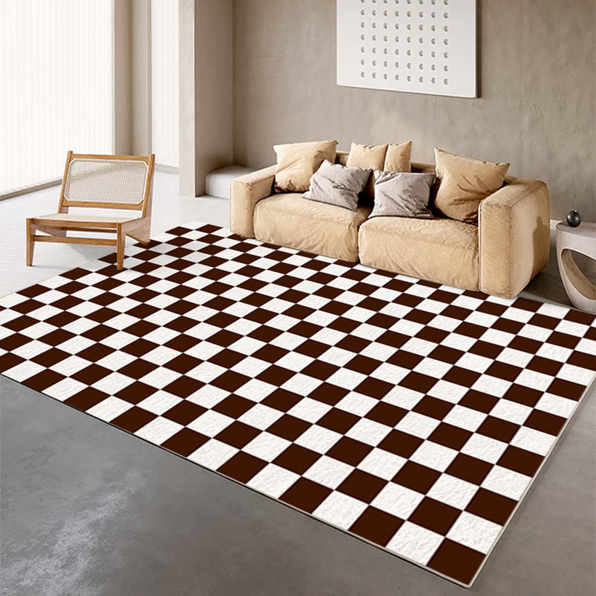 Soft Checkered Shag Area Rug - Modern Brown & White Washable Carpet for Living Room, Bedroom, Dining Room - 8x10 Indoor/Outdoor Rug for Hallway, Entryway, Kitchen - Cozy Home Decor & Floor Mat for Family Gatherings & Relaxation