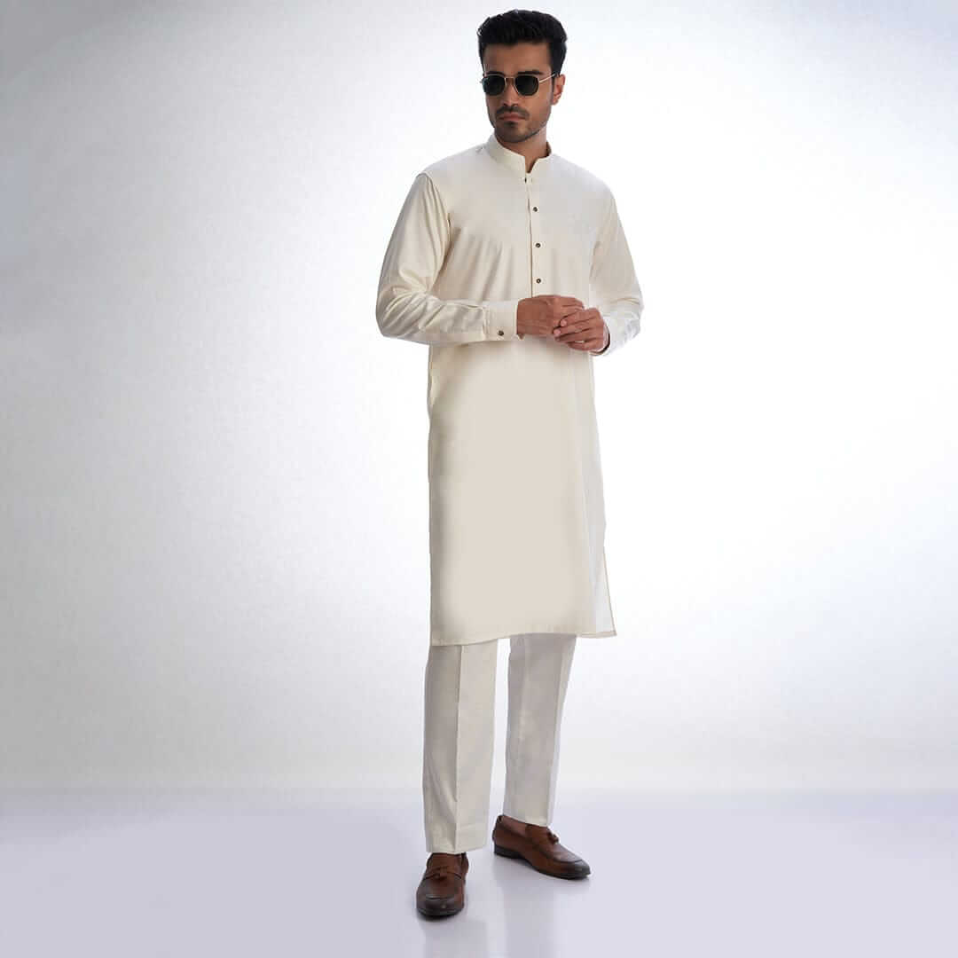 Ivory IronEz Fabric Kurta & Drawstring Trousers Set - Comfortable Cotton Ethnic Wear for Men - Perfect for Eid, Weddings & Festive Occasions