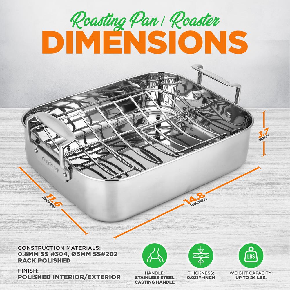 14 Quart Stainless Steel Turkey Roaster Pan with Polished Rack - Perfect for Thanksgiving, Christmas, and Large Family Dinners