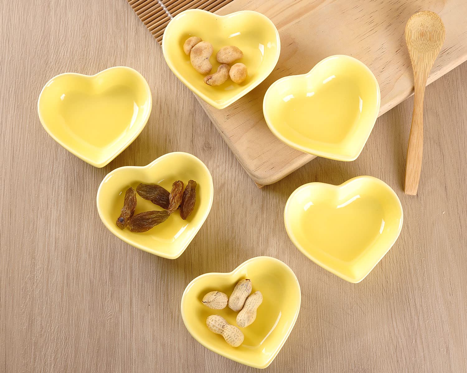 WHJY Yellow Heart-Shaped Ceramic Side Dish Bowls - Set of 6 | Contemporary Porcelain Condiment Dishes for Soy Sauce, Dipping & Seasoning | Perfect for Wedding, Birthday Parties & Home Dining Decor