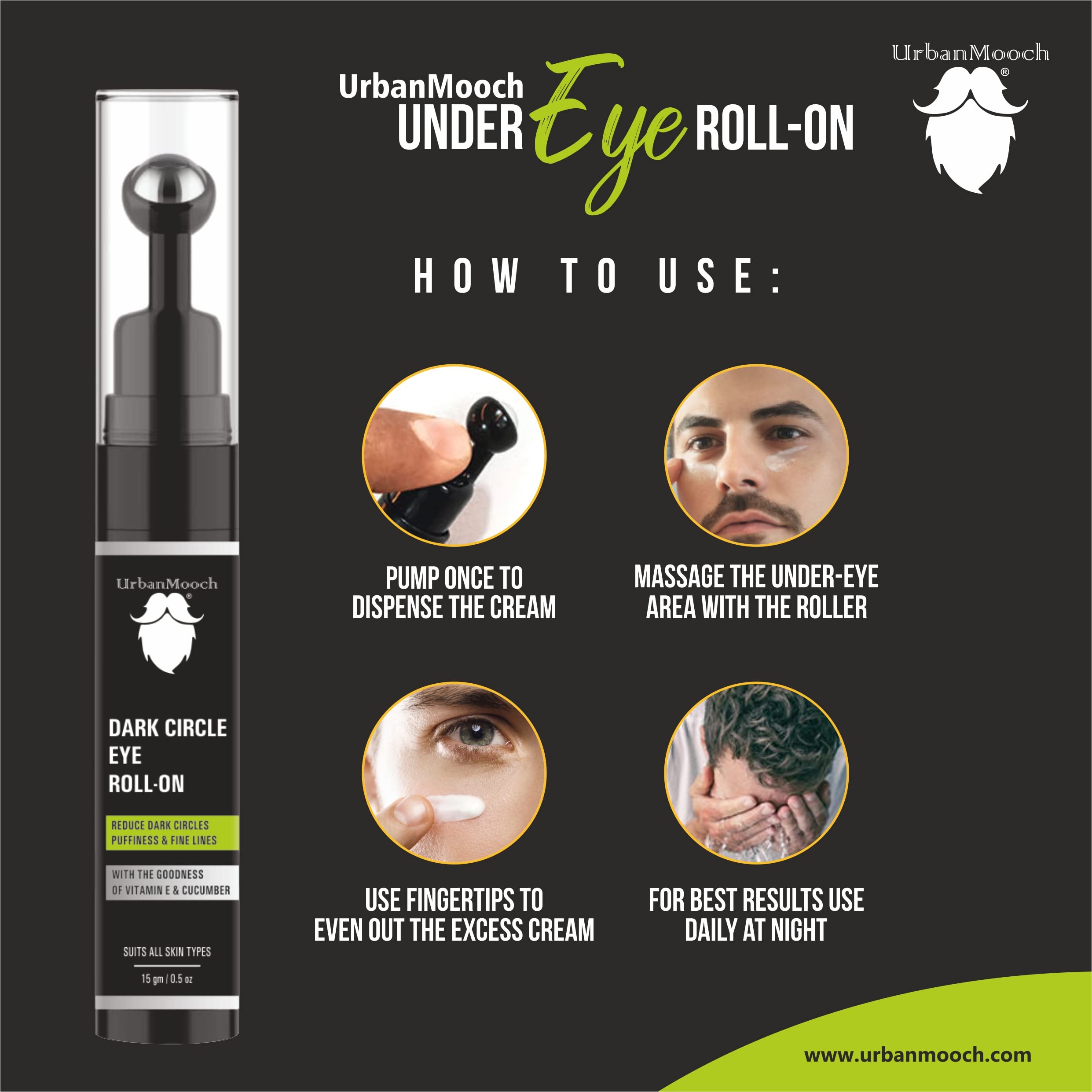 UrbanMooch Under Eye Cream for Men - Dark Circle Treatment with Cooling Massage Roller | Reduces Puffiness & Fine Lines | Enriched with Vitamin E, Ginseng Extract & Retinol | 15g | Perfect for Morning Routine & Night Care