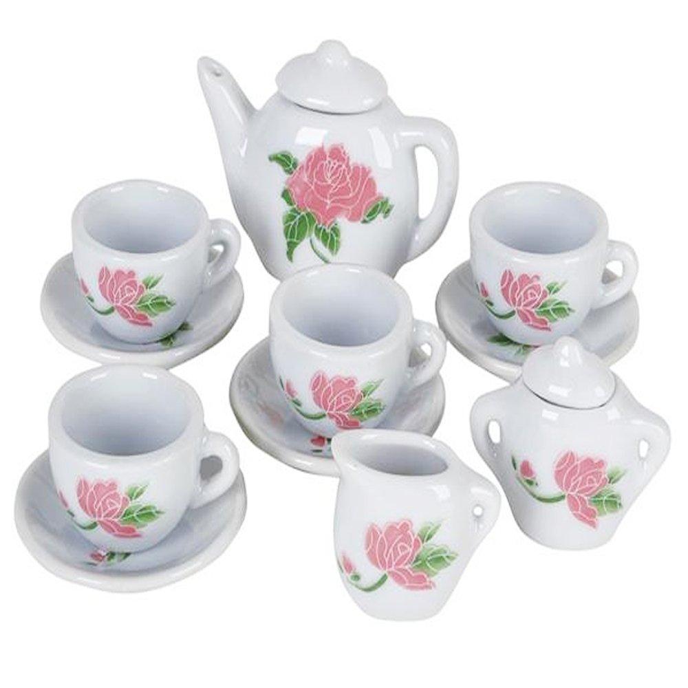 ArtCreativity 13-Piece Rose Flower Ceramic Doll Tea Set with Cups & Plates - Pretend Play Tea Party Kit for Girls Age 8+ - Perfect for Birthday Gifts, Role Play, and Imaginative Playtime
