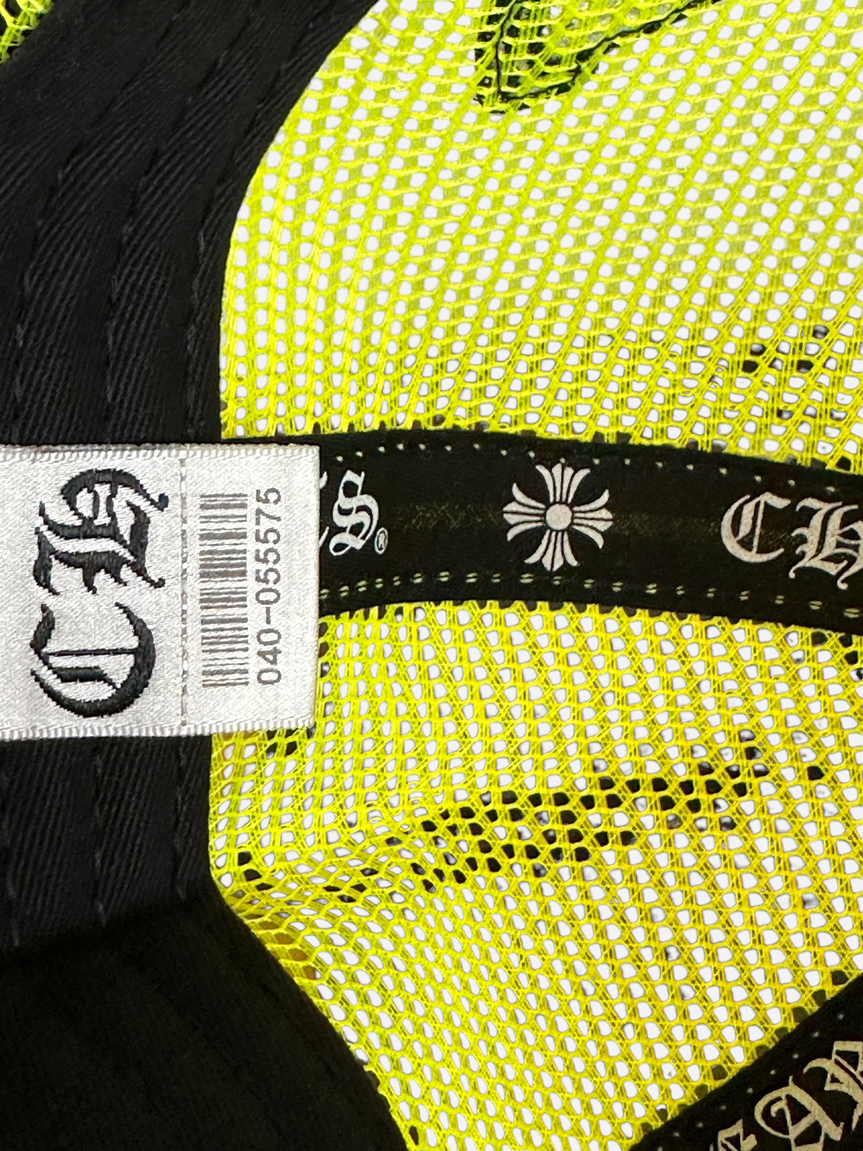 Chrome Hearts Neon Yellow Cemetery Cross Patch Trucker Hat - Stylish Embroidered Snapback Cap for Men & Women - Perfect for Streetwear, Concerts, and Outdoor Adventures