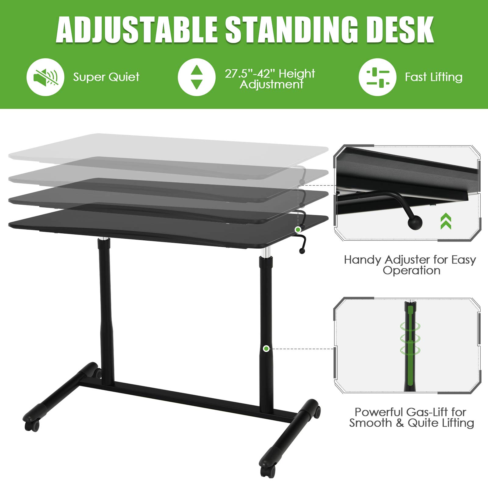 Tangkula Adjustable Height Mobile Standing Desk with Wheels - Rolling Compact Computer Desk with Steel Frame & MDF PVC Tabletop - Perfect for Home Office, Small Spaces & Remote Work (Black)