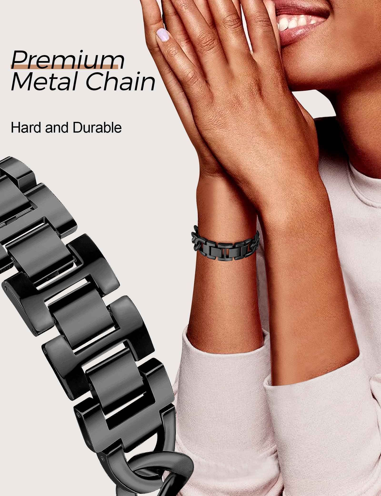 JR.DM Black Metal Watch Band for Women - Adjustable Cowboy Steel Chain Bracelet Compatible with Apple Watch 38mm 40mm 41mm 42mm (Series 10/9/8/7/6/5/4/3/2/1/SE) - Perfect for Work, Gym & Everyday Fashion Accessory