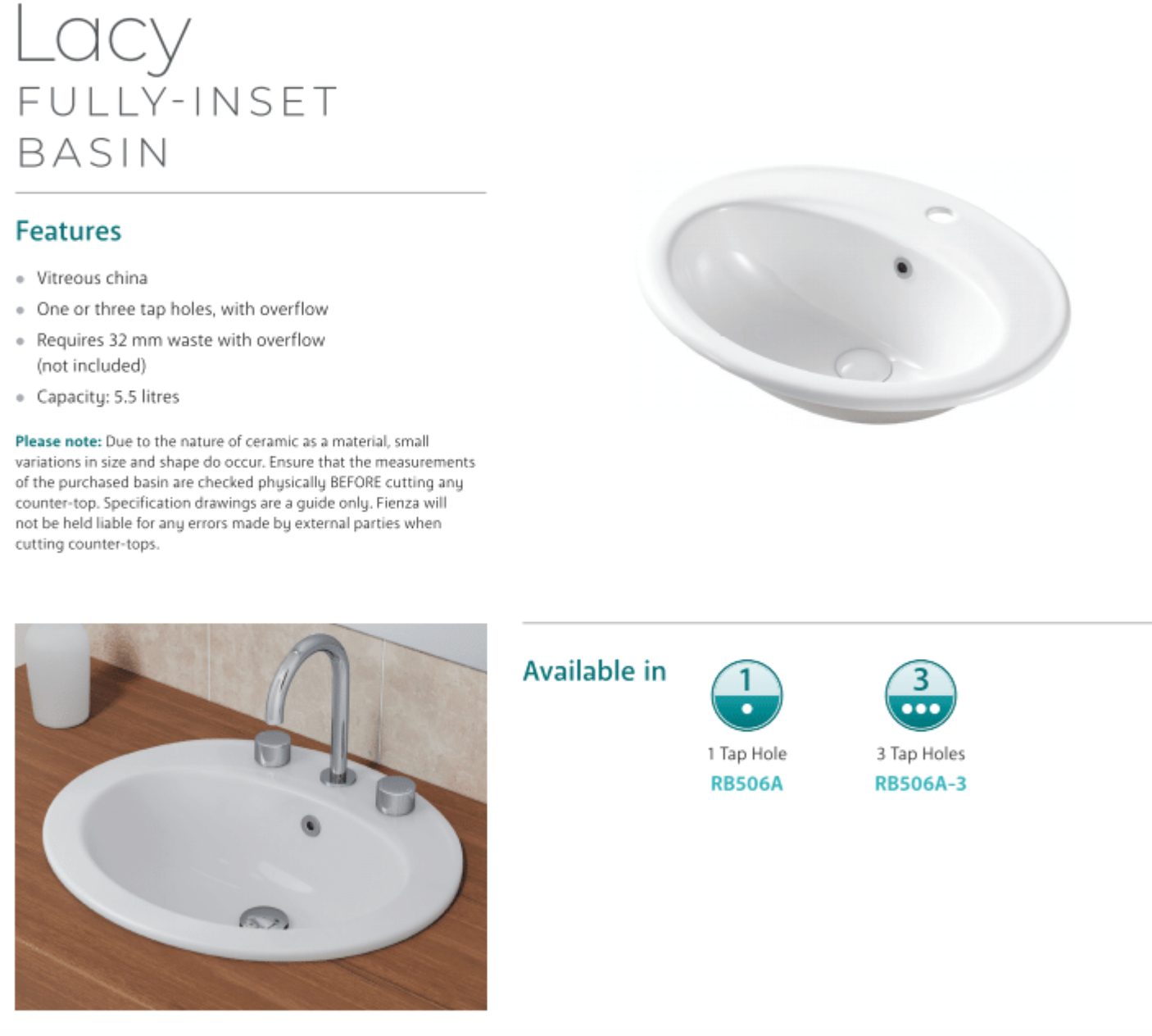 Fienza RB506A White Inset Lacy Basin with Single Tap Hole - Perfect for Modern Bathroom Vanities and Powder Rooms