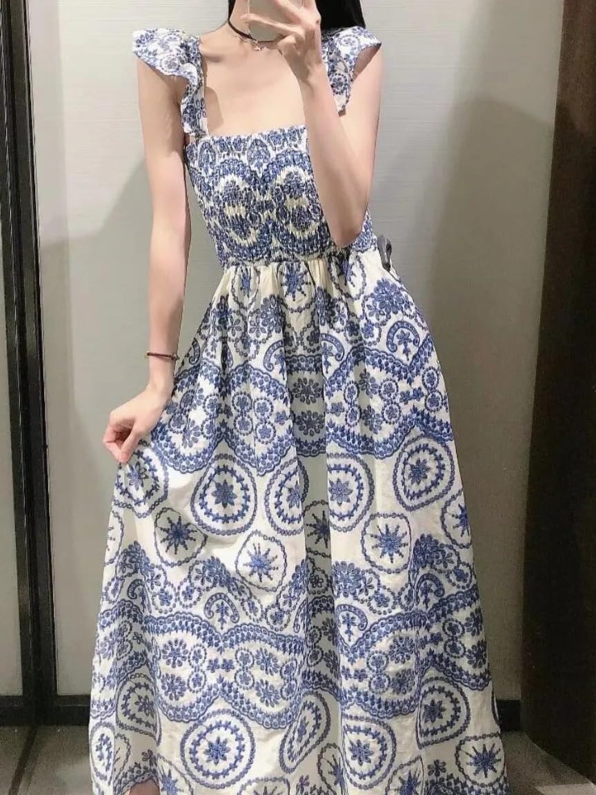 Floral Embroidery Backless Dress for Women - Hollow Out Ruffled Strap Midi Dress for Holiday, Party & Summer Outings