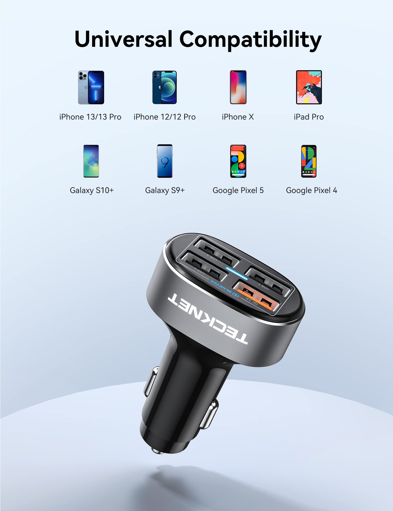TECKNET 54W 4-Port USB Car Charger with QC 3.0 Fast Charging - Multi Port Car Adapter Compatible with iPhone 15 Pro Max/15 Plus/15/14/13, Samsung Galaxy - Perfect for Road Trips, Family Travel & Charging Multiple Devices On The Go
