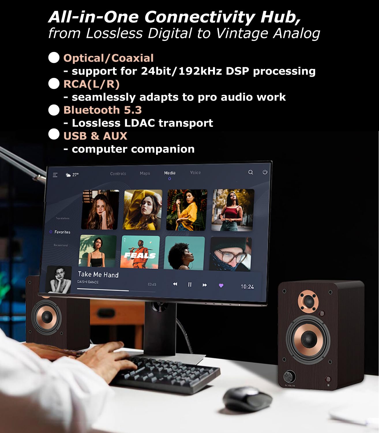 LONPOO 100W Active Bookshelf Speakers with Bluetooth, 4'' Woofer - Optical/Coaxial/RCA/USB/AUX Input for PC, TV, Turntable - LP42M Brown - Perfect for Home Office, Gaming & Music Listening
