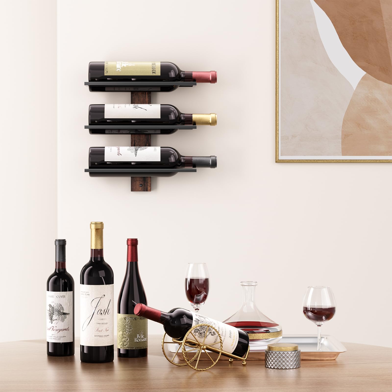 B4Life 3 Bottle Wall Mounted Wine Rack - Solid Wood Wine Holder for Kitchen, Dining Room, Bar - Perfect for Home Decor & Wine Storage Organization