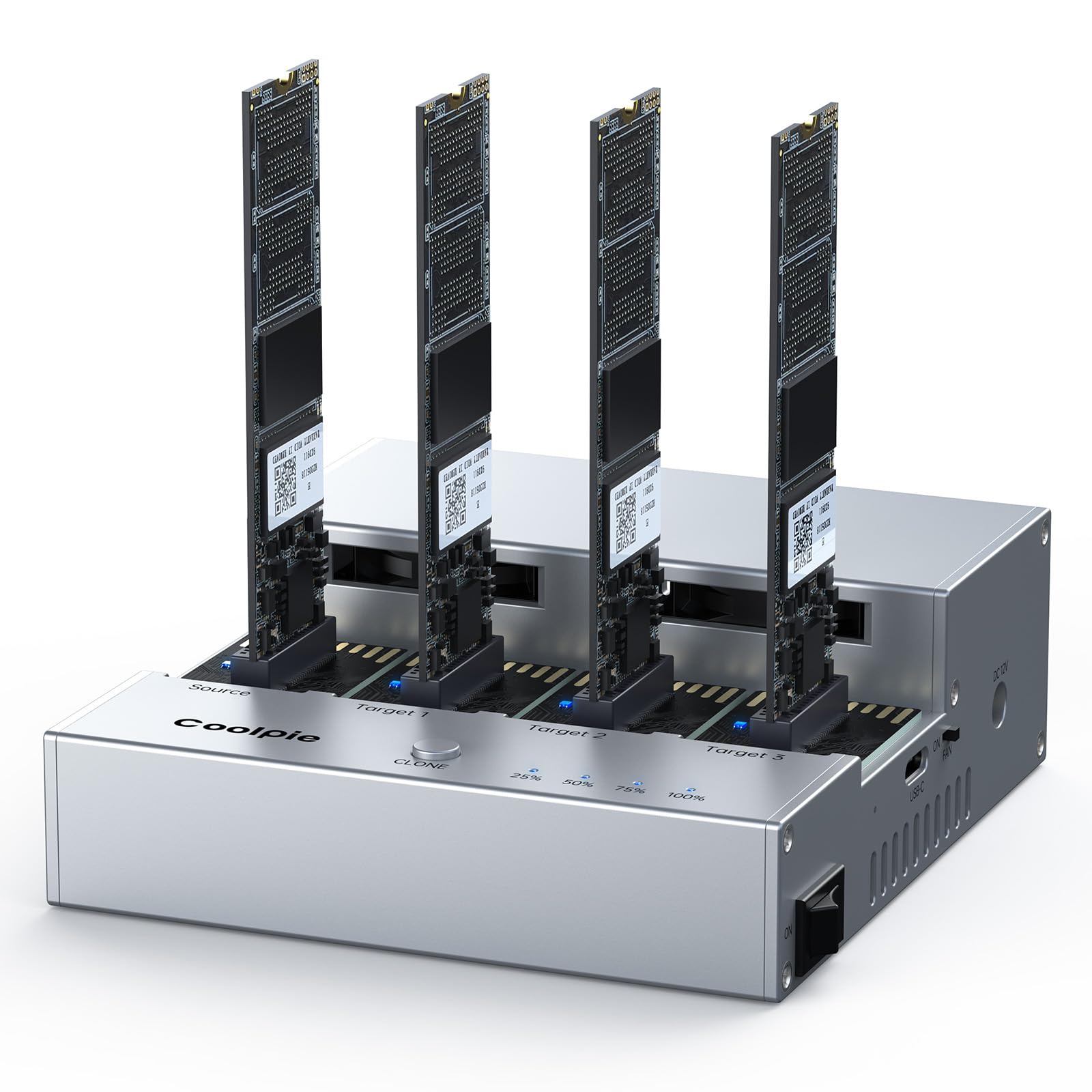 Coolpie CR510 4-Bay M.2 NVMe SSD Cloner - 20Gbps High-Speed Offline Duplicator with Cooling Fans, Tool-Free Design for 2230/2242/2260/2280/22110 SSDs - Perfect for Data Centers, IT Professionals & Secure Backup Solutions