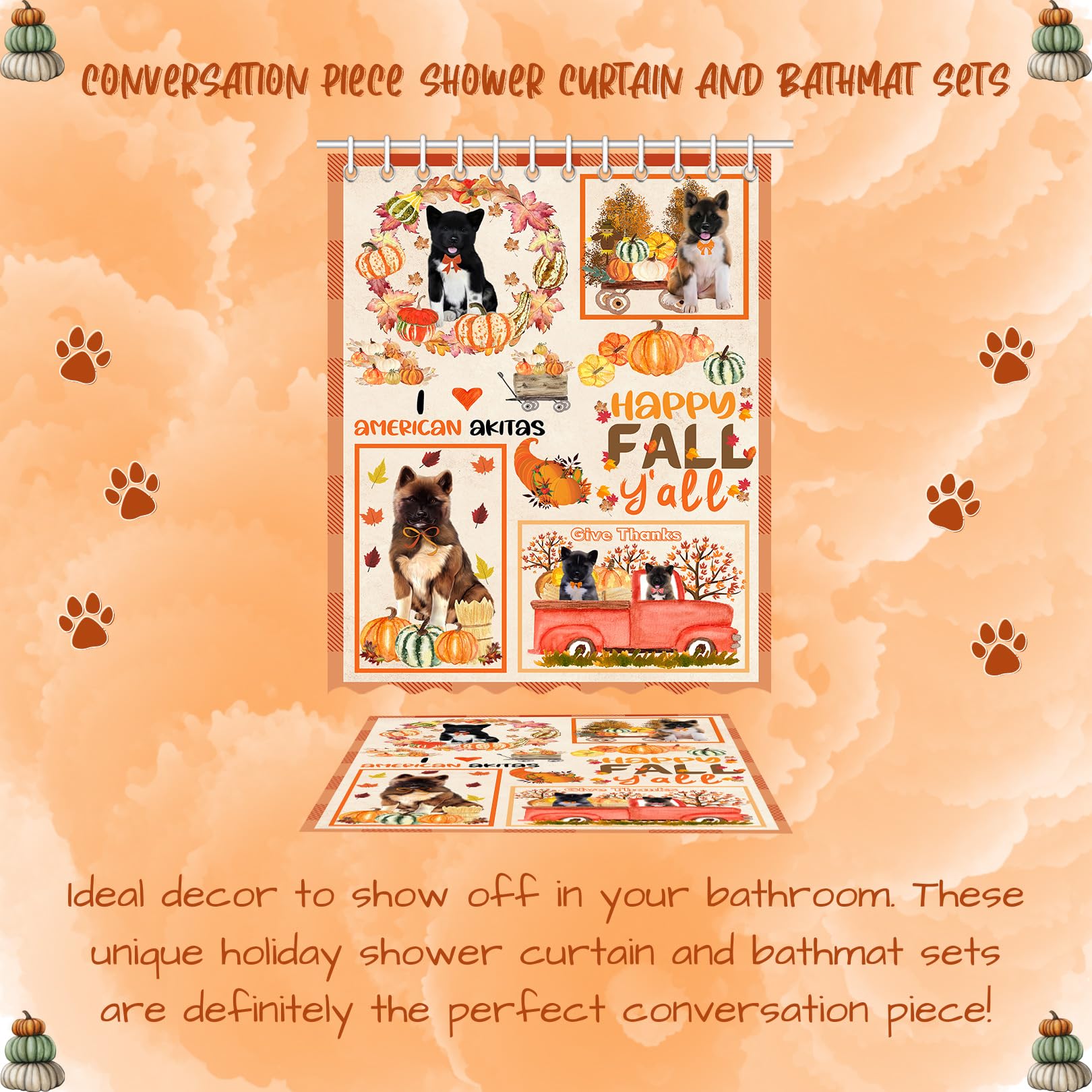 Non-Slip Pumpkin American Akita Dog Bath Mat & Shower Curtain Set - Plush Bathroom Decor Rug with Polyester Bathtub Curtain (16''x28'' Mat + 69