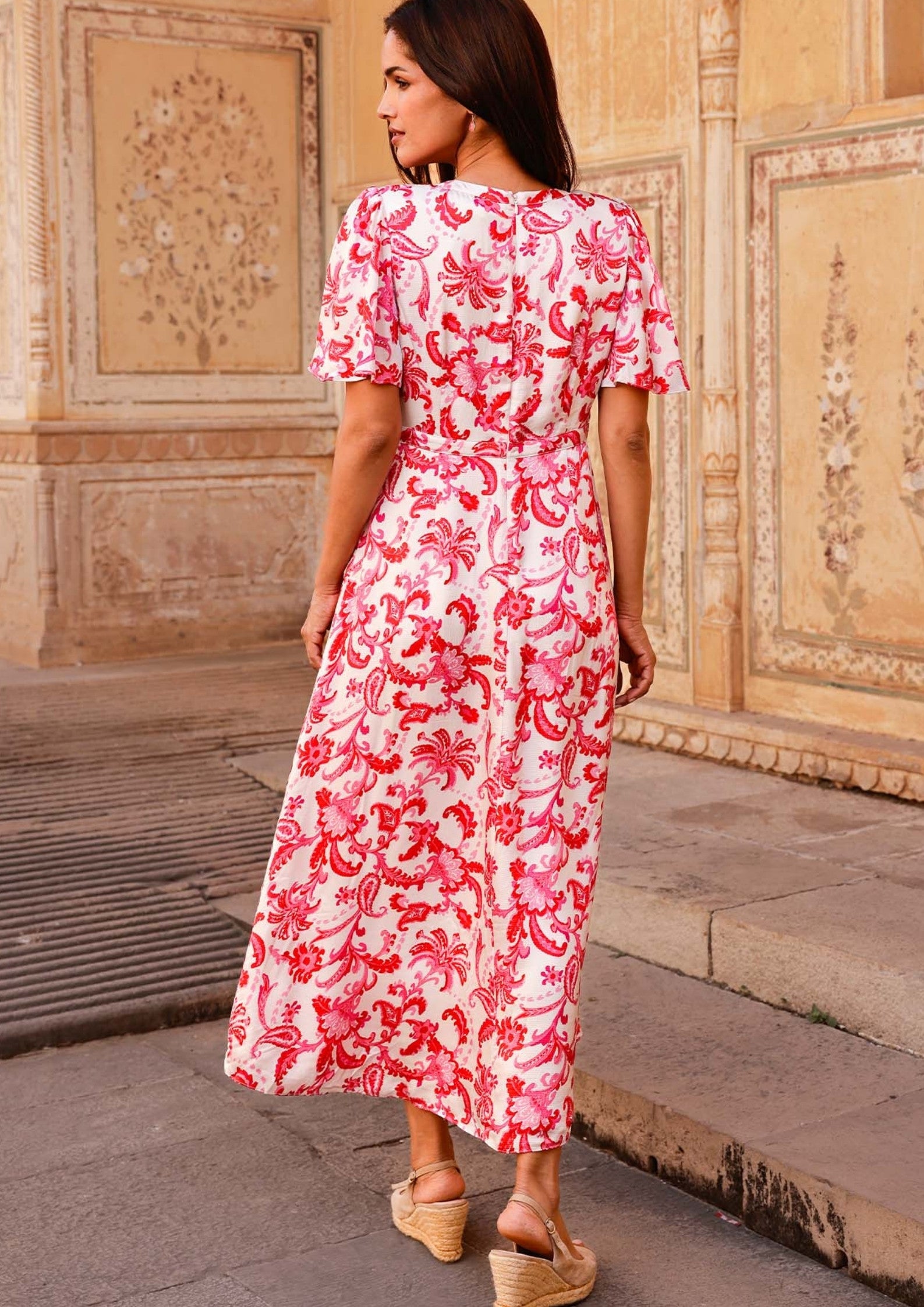 Anais Hammered Satin Dress - Floral Paisley Print in Cream, Red & Pink Colors | Perfect for Weddings, Parties & Special Occasions