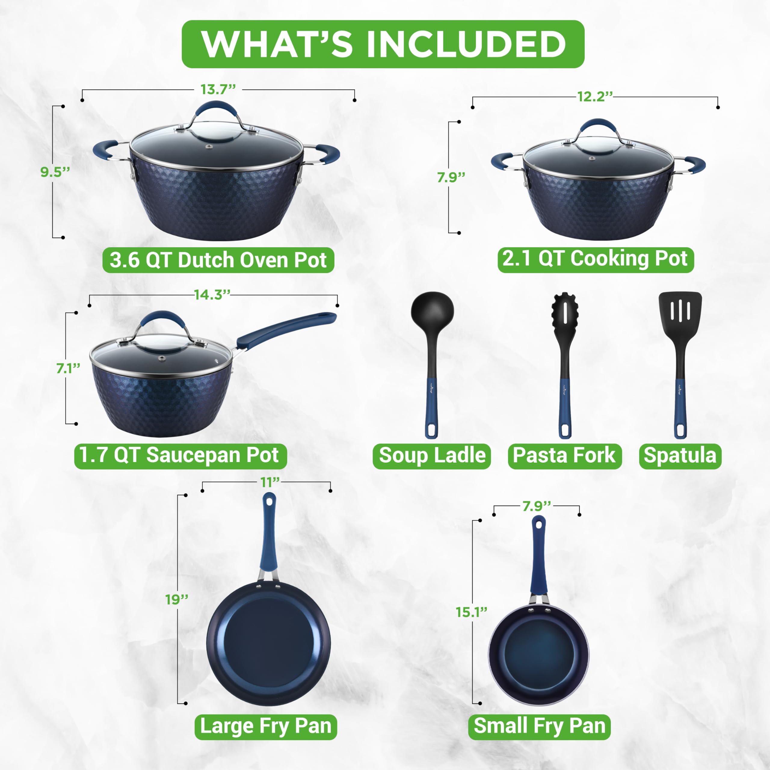 NutriChef 11-Piece Blue Diamond Nonstick Ceramic Cookware Set - Durable Pots & Pans with Cool-Touch Handles, Glass Lids & Kitchen Utensils for Healthy Cooking | Perfect for Frying, Boiling, Sautéing & Everyday Meal Prep