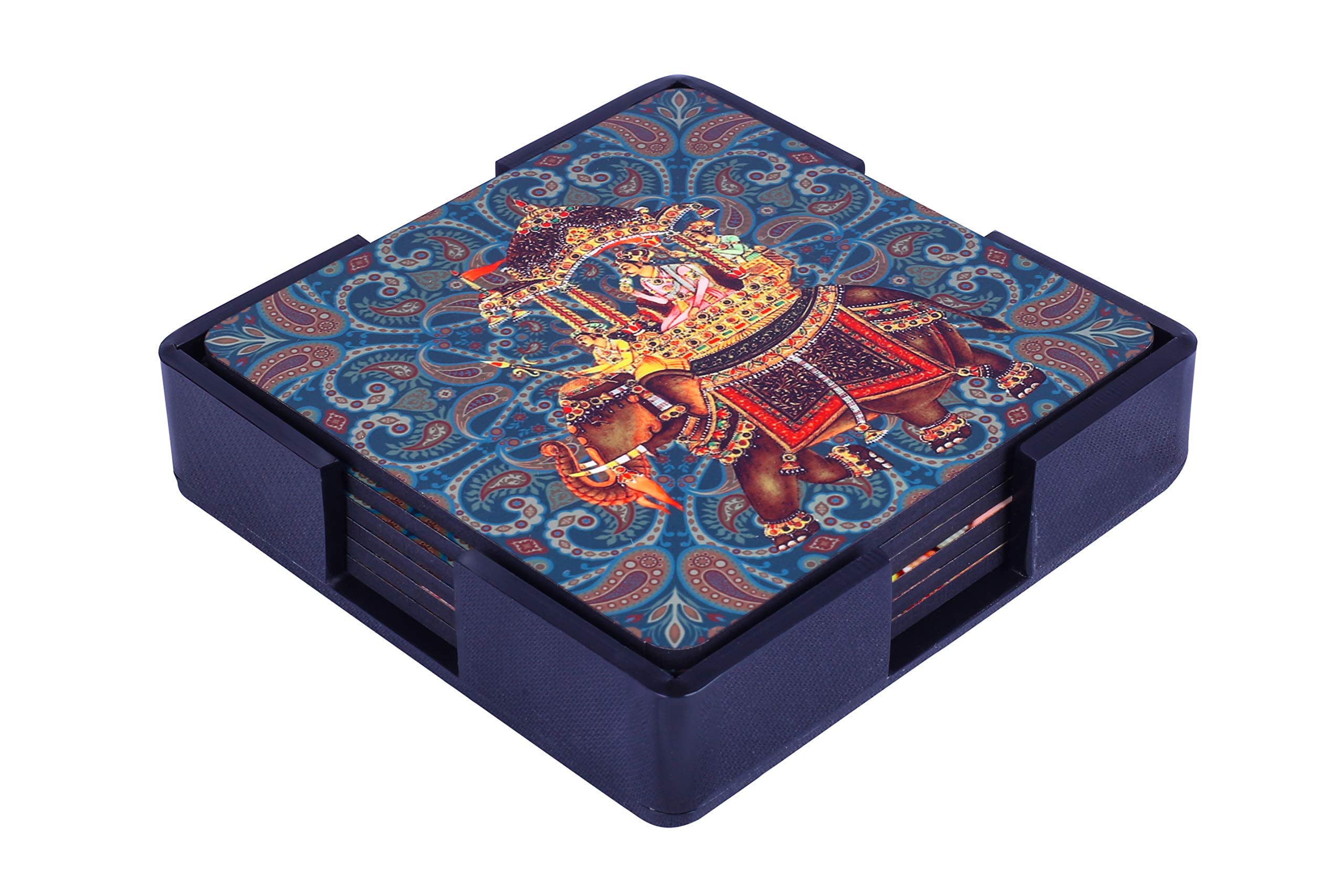 Premium Absorbent Coasters Set with Raja Rani Design - 6 Pack Cork Drink Coasters for Home, Office & Bar - Protect Tables from Water Rings & Stains