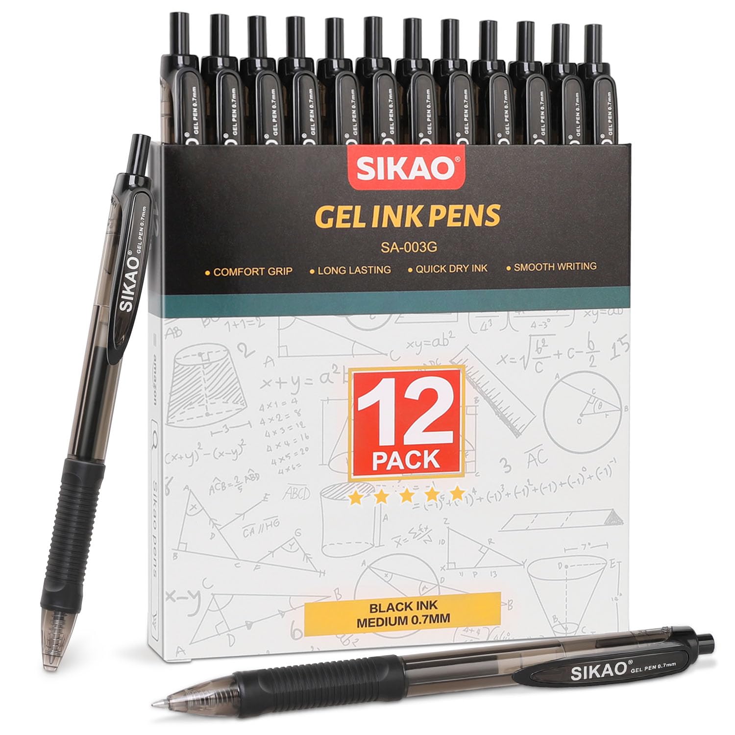 12 Pack Black Gel Pens - Fine Point 0.7mm Smooth Writing No Smear Ink - Retractable Comfort Grip Rollerball Pens for Office, School & Note Taking - Bulk Pack of Medium Point Gel Ink Pens for Servers, Students & Professionals