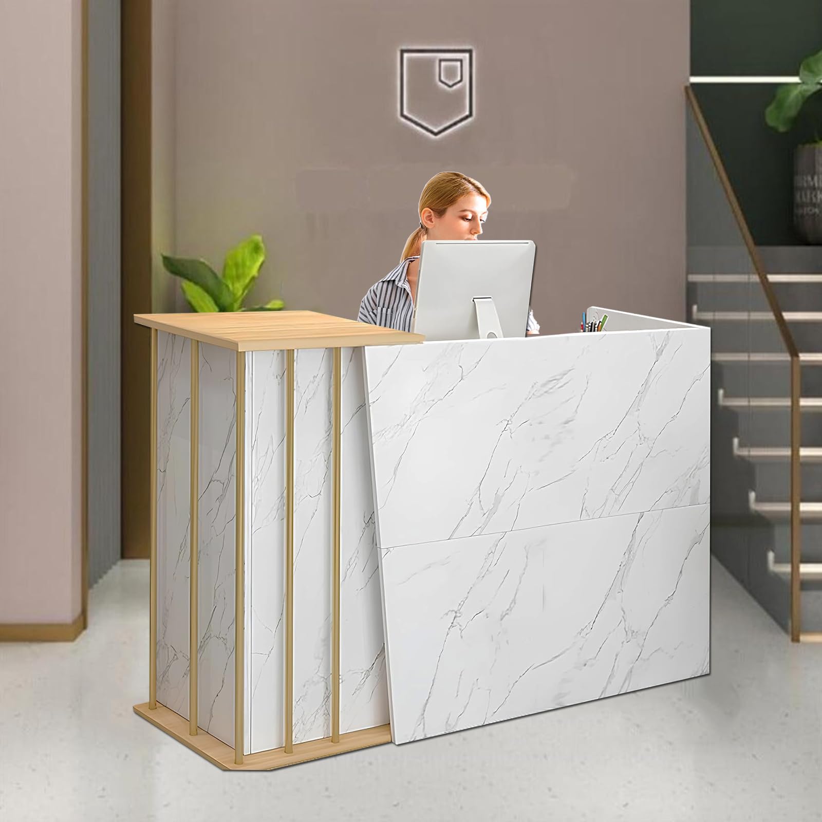 Modern Reception Counter Desk with Lockable Drawers - Office Computer Table & Storage Cabinet - Marble Texture White for Retail Stores, Beauty Salons, Lobbies & Checkout Areas - Perfect for Professional Workspaces & Customer Service Counters