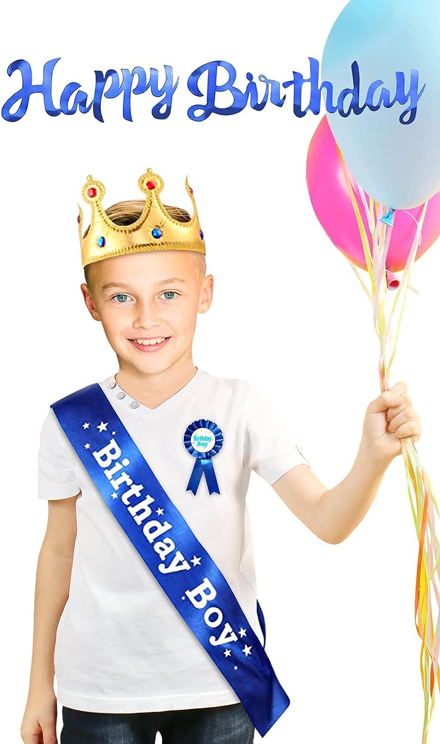 4-Piece Birthday Boy Party Set - King Crown, Sash, Button Pins & Happy Birthday Banner - Boys Birthday Party Decorations & Dress Up Accessories - Perfect for Birthday Celebrations, Themed Parties & Photo Props
